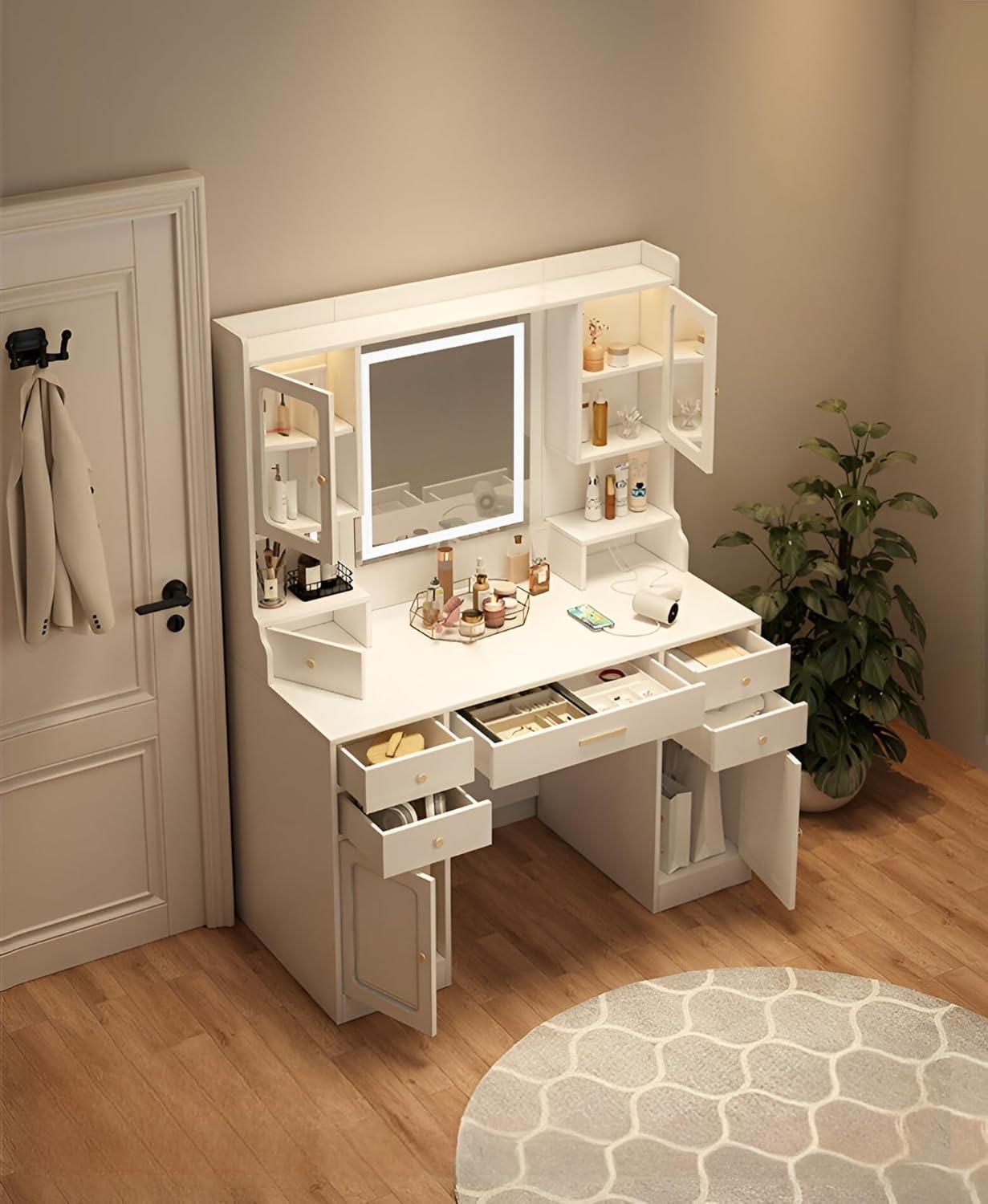 MONTARY Makeup Vanity Desk with Mirror and Lights, Dressing Table , White Vanity Table Set with 6 Drawers & Shelves & 4 Cabinets, 3 LED Lighting Modes Brightness Adjustable