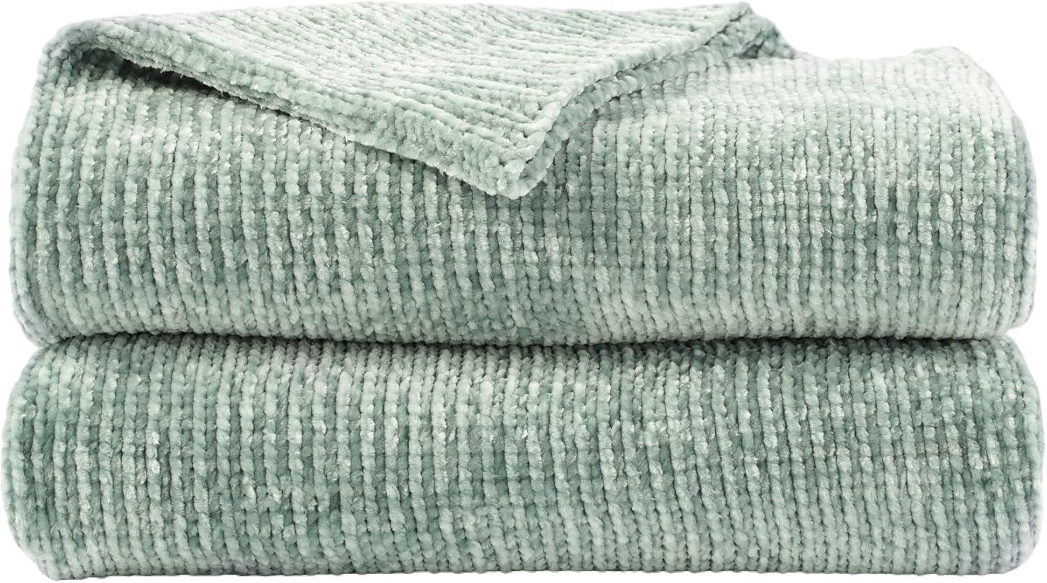 Sage Green Chenille Knit Throw Blanket for Couch, 51"x67"