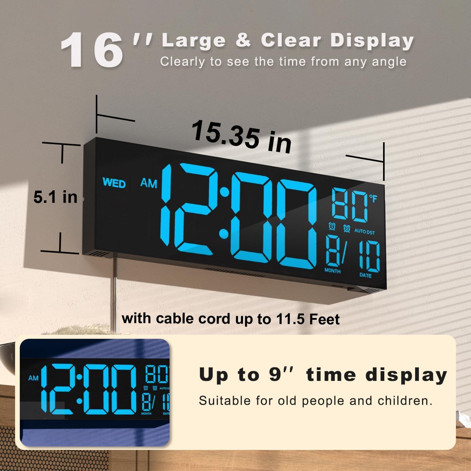 JALL 10.5" Digital Clock with Large Display, Calendar Day and Date, DST, Temperature, Dual Alarms, for Desk, Wall Mounted, Living Room, Bedroom, Gift for Elderly, Seniors, Dementia