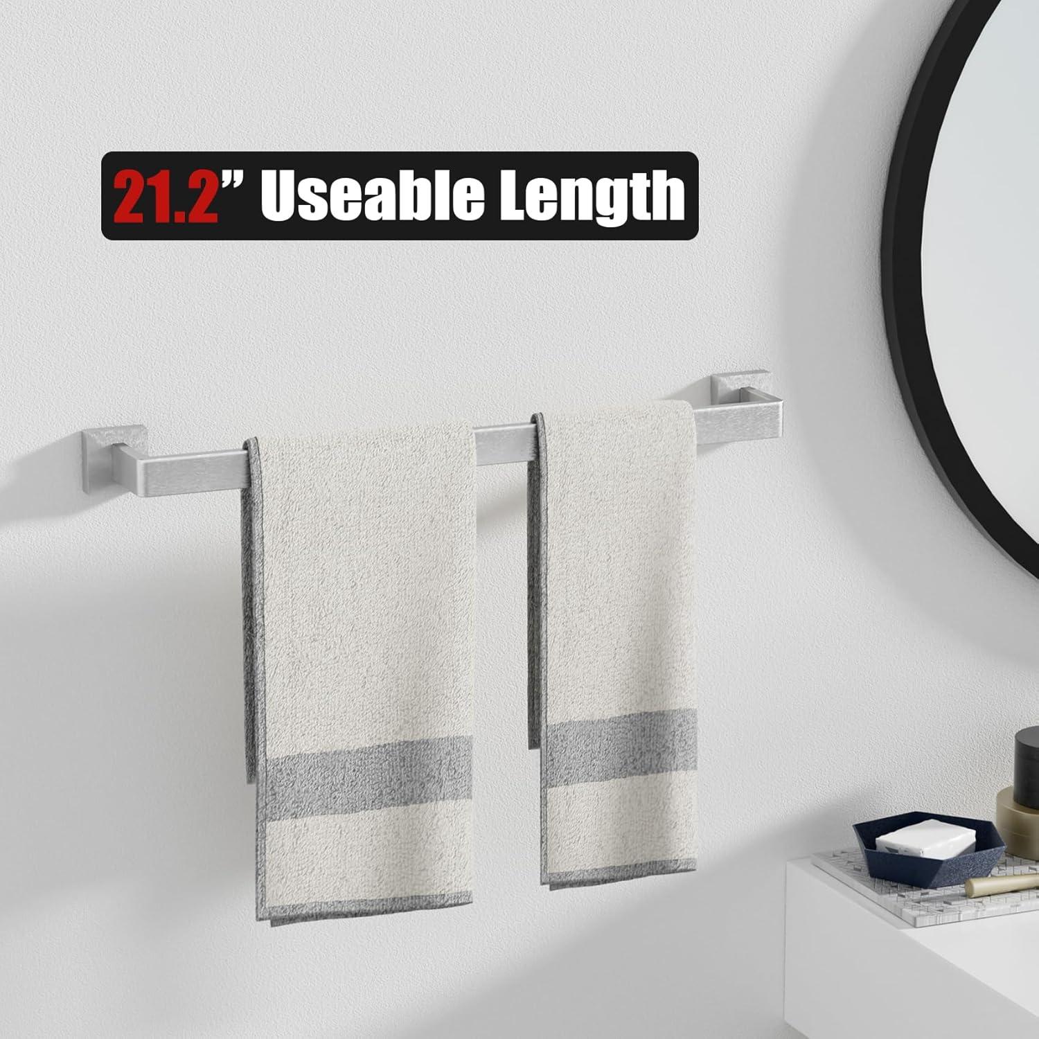 Brushed Nickel Towel Bar Rack Sets, 23.6 inch Bathroom Hardware Set 5-Piece Towel Bar Wall Mount Modern Bathroom Accessories Include Towel Rack,Toilet Paper Holder,2*Robe Hook