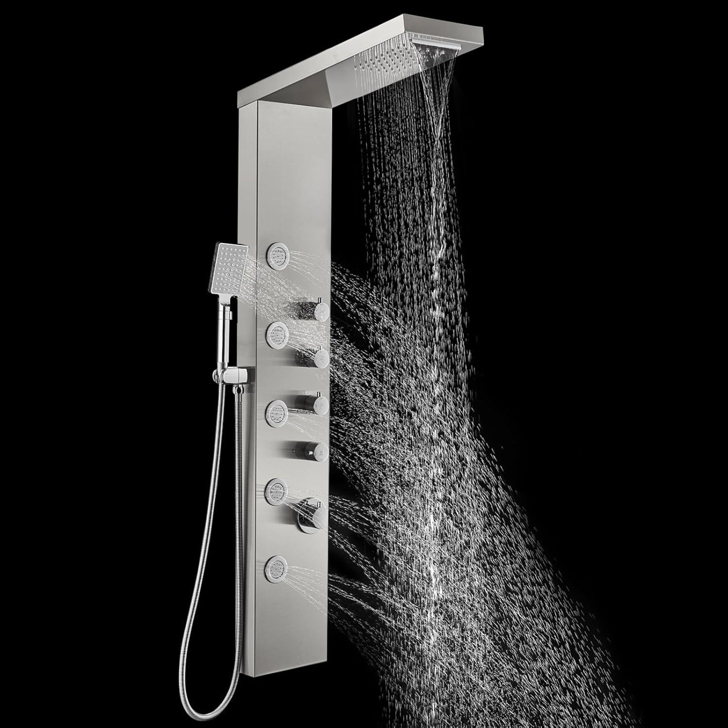 Brushed Stainless Steel Wall-Mount Shower Panel with Body Jets