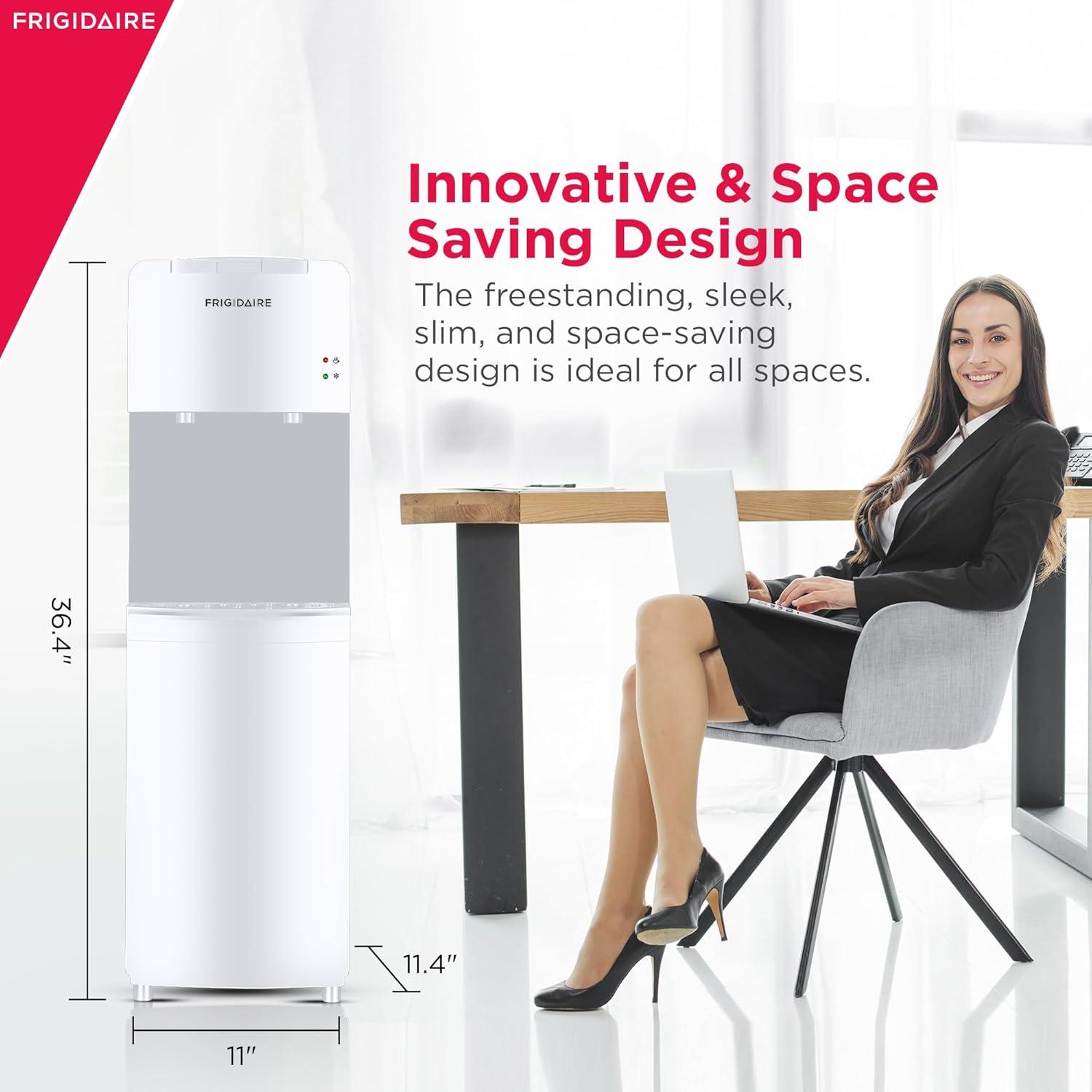 Frigidaire Water Cooler White: Freestanding Electric Dispenser, 5 Gallon Capacity, Hot & Cold, Safety Switch