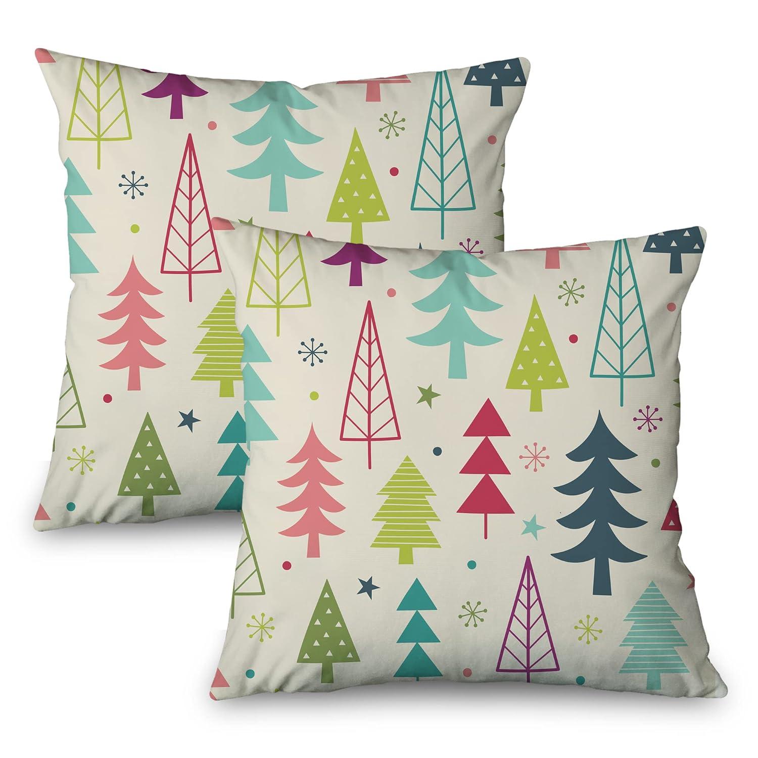 Decorative Throw Pillow Cover Square 18x18 set of 2, Colorful Christmas Tree Cute Winter Holiday Abstract Art Holidays Farmhouse December Home Decor Zippered Pillowcase for Couch Sofa Living Room