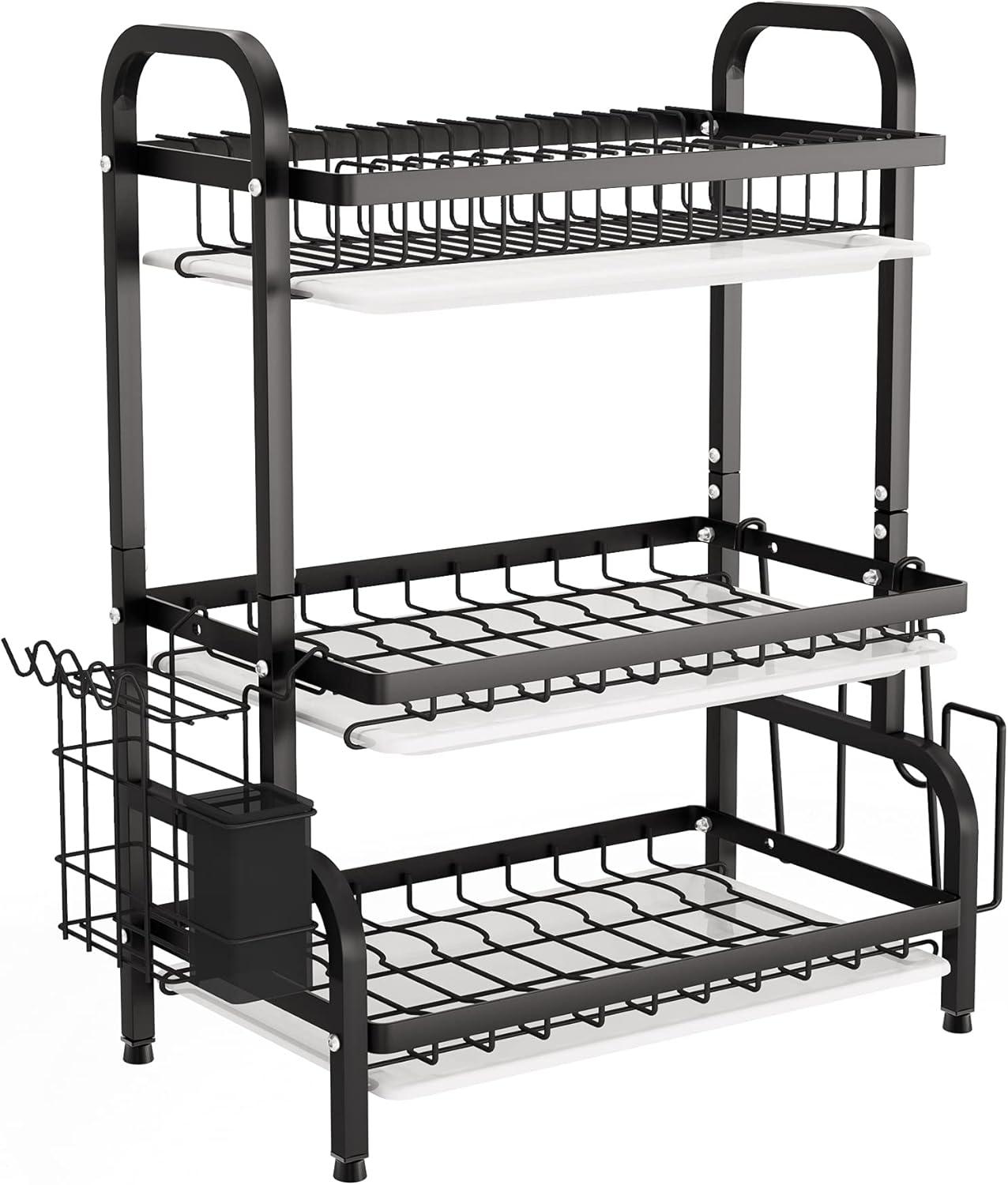 Black Metal 3-Tier Dish Drying Rack with Utensil Holder