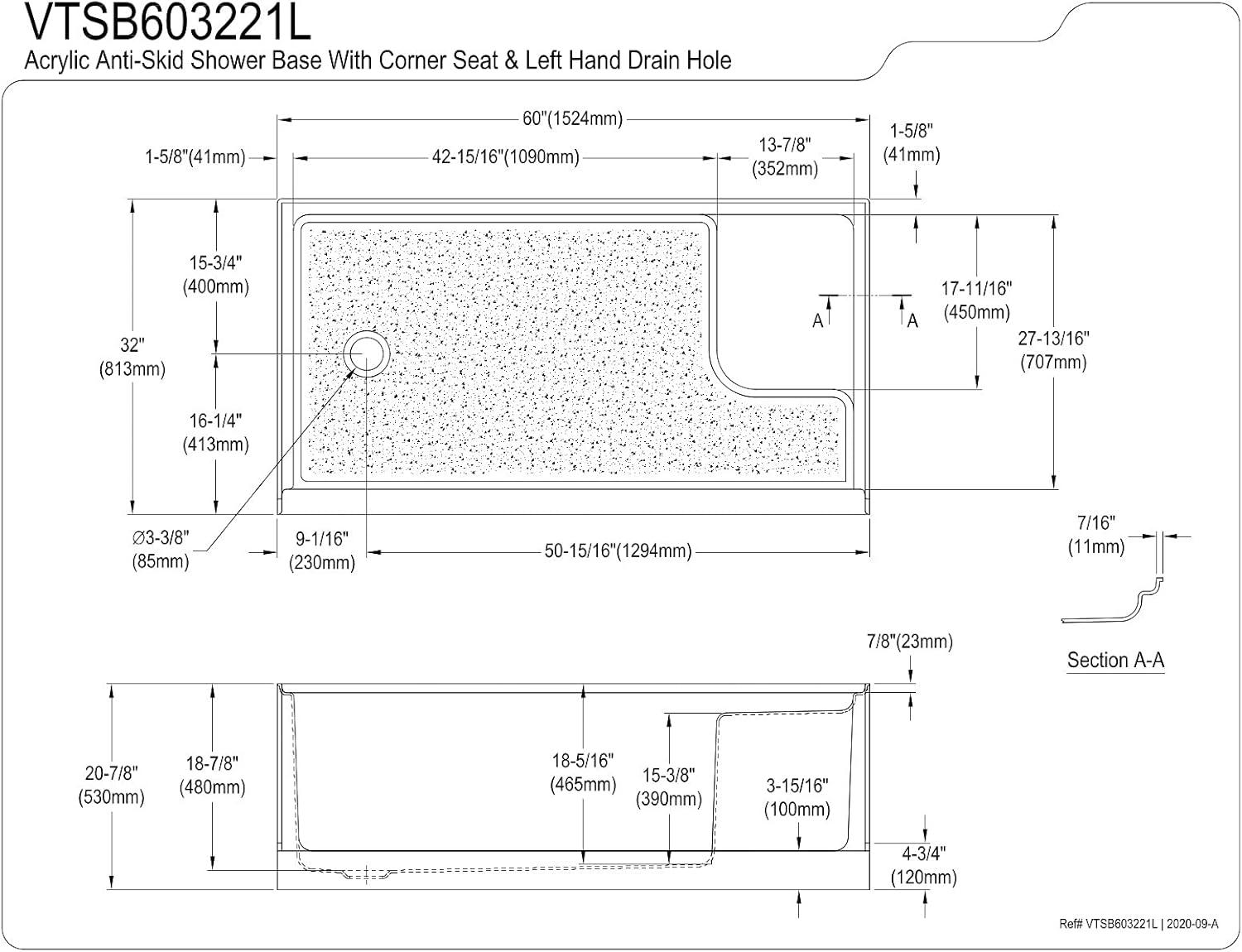 Kingston Brass Grenada 60-Inch x 32-Inch Anti-Skid Acrylic Shower Base with Integral Seat