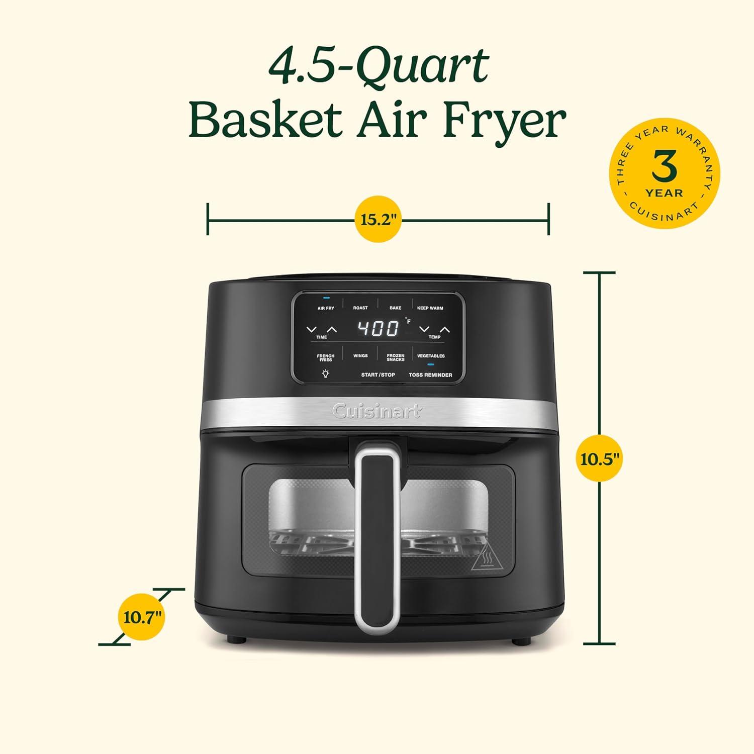 Cuisinart 4.5qt Basket Air Fryer Black/Stainless Steel Finish AIR-160: 1600W, Cool Touch Handle, Digital Display, Dishwasher-Safe