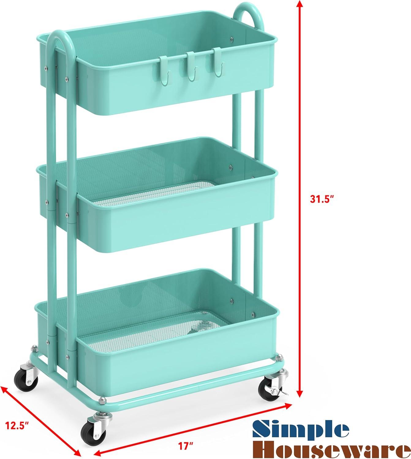 Turquoise Metal 3-Tier Utility Rolling Cart with Swivel Wheels