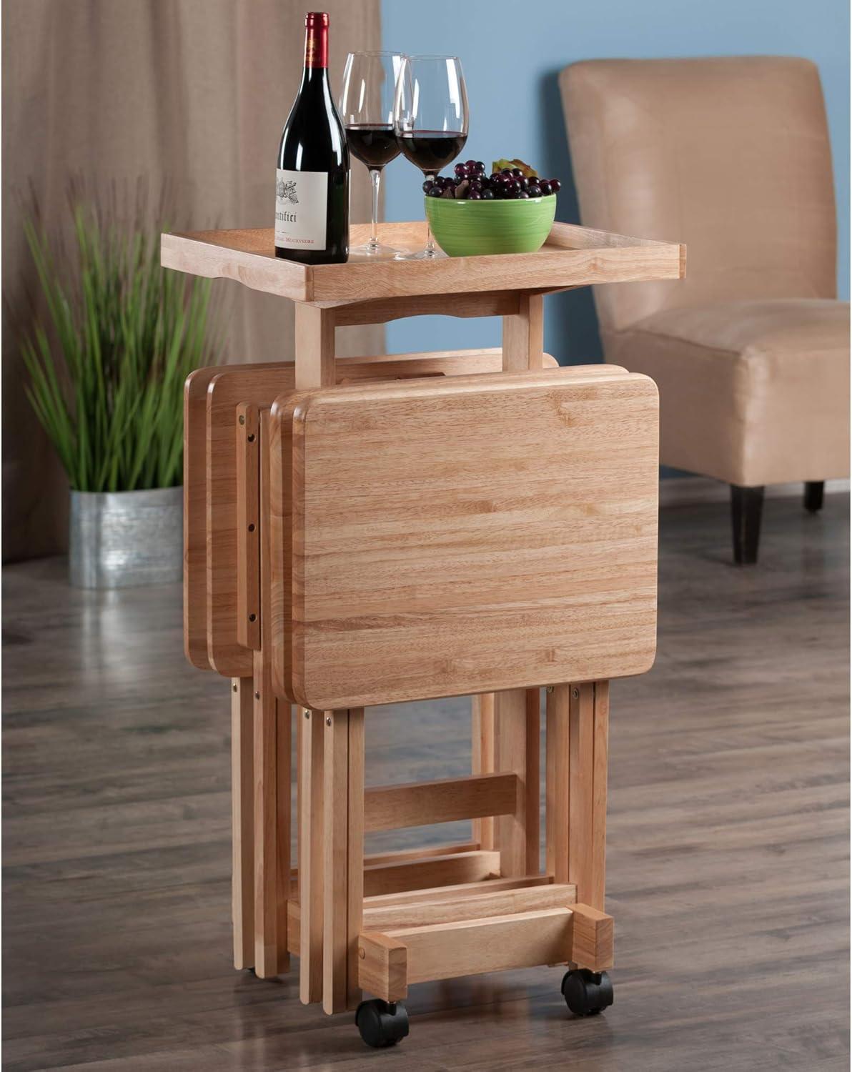 6pc Snack Table Set - Natural - Winsome: Hardwood Construction, Foldable with Wheeled Storage Frame