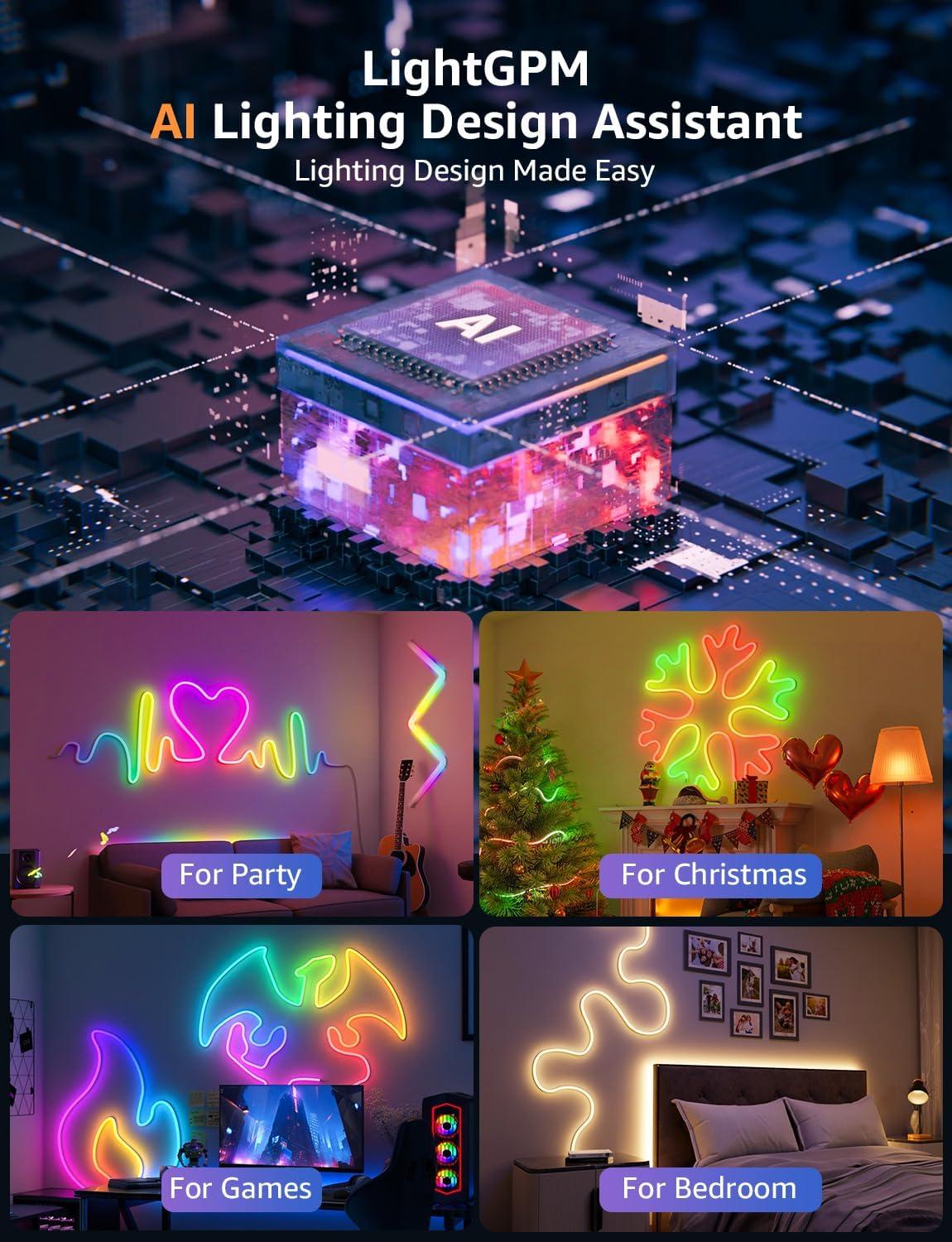 Lepro Lepro N1 AI Smart RGB Rope Lights, LLM AI Generated Lighting, LightBeats Music Sync, Color Segment DIY, Voice Control Via App, Wi-Fi & Bluetooth LED Strip Lights (Set of 6)