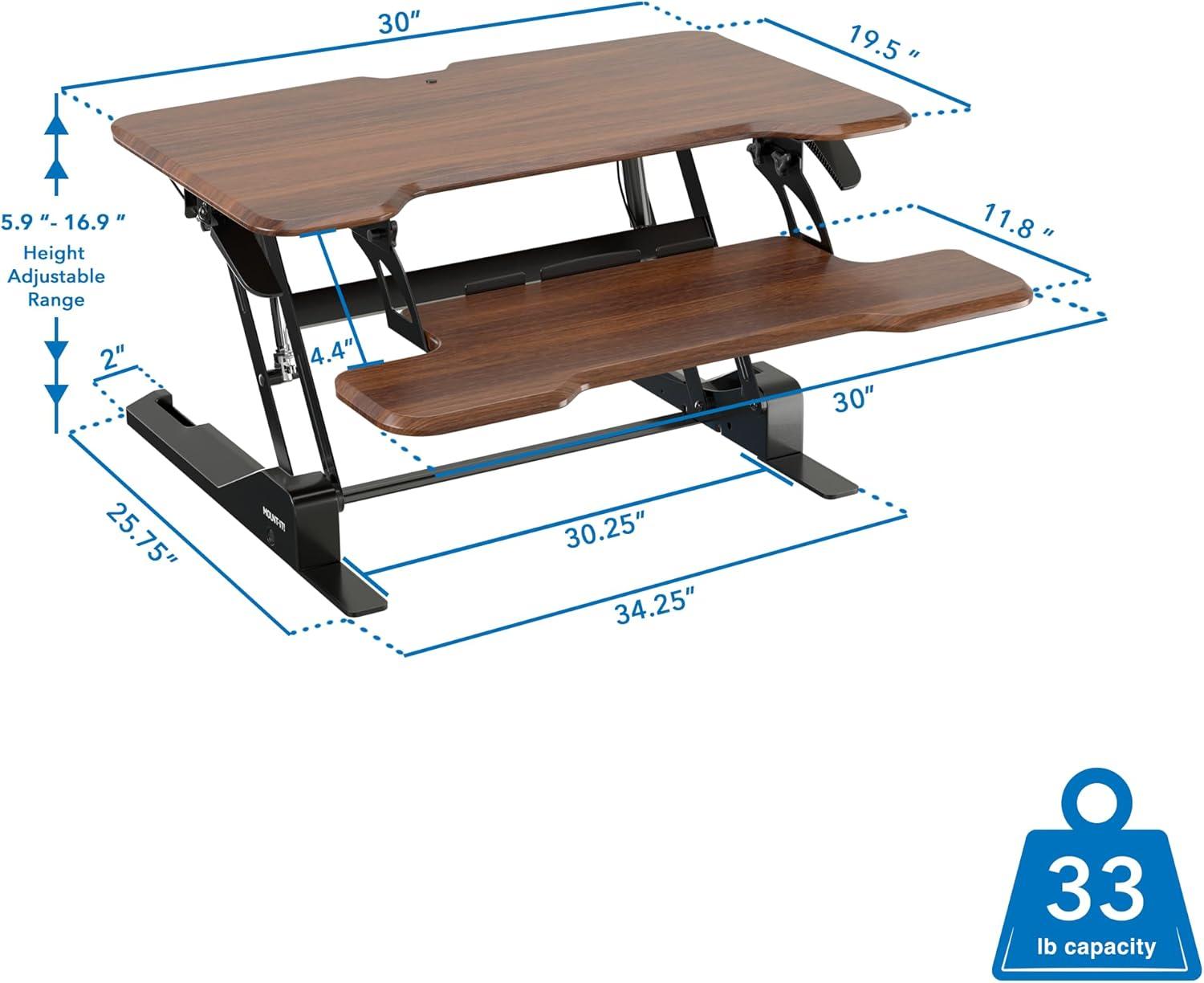 Mount-It! Compact Standing Desk Converter with 30" Desktop, Dark Walnut Woodgrain