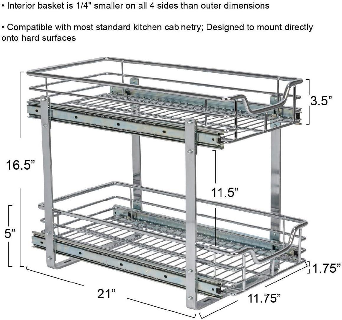 Household Essentials Glidez Multipurpose Chrome-Plated Steel Pull-Out/Slide-Out Storage Organizer for Under Cabinet Use - 2-Tier Design - Fits Standard Size Cabinet or Shelf, Chrome