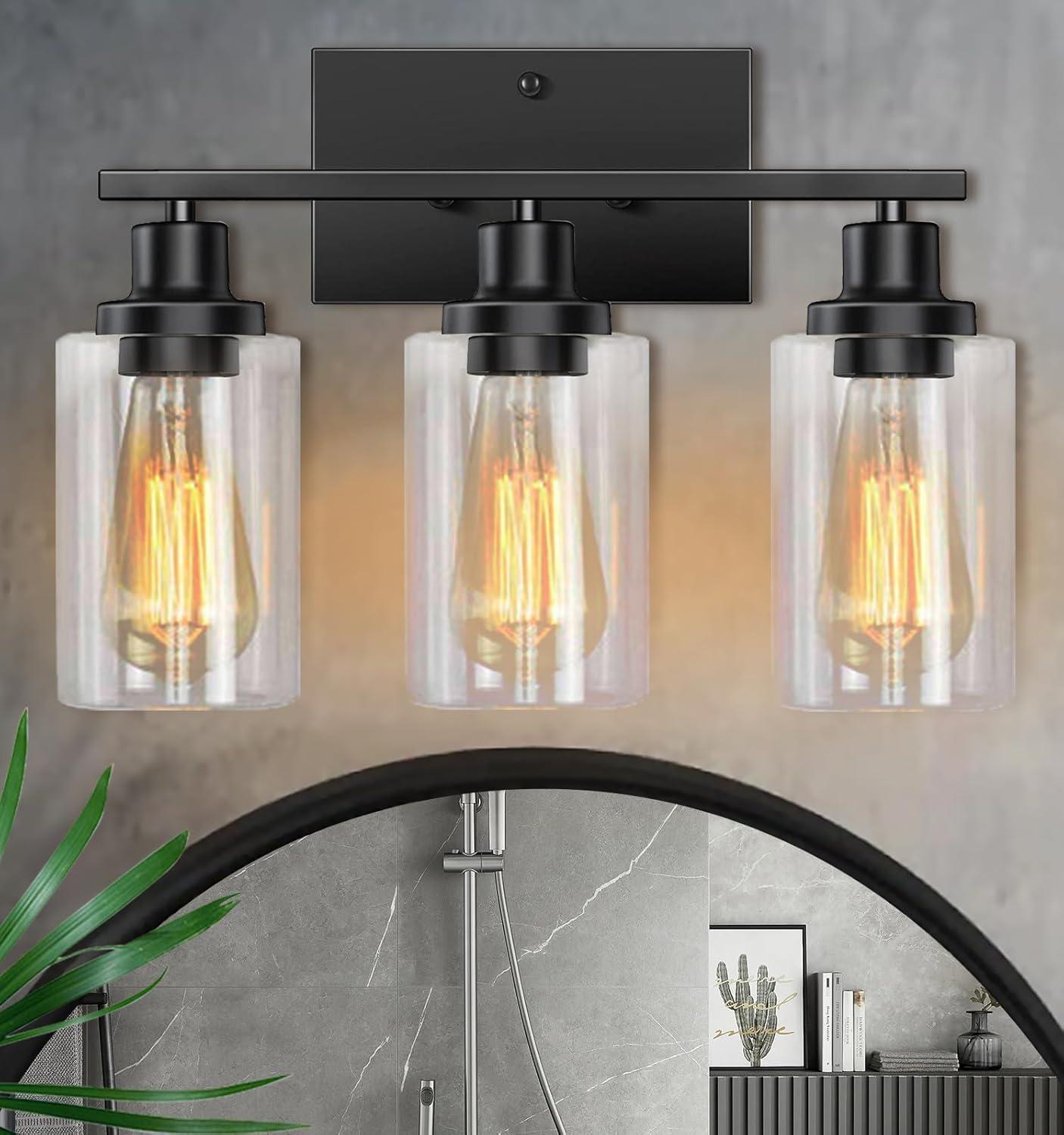 3-Light Bathroom Light Fixtures Bathroom Vanity Lights with Clear Glass Shades Matte Black Bathroom Light Fixtures over mirror for Mirror Living Room Cabinet Bedroom Porch