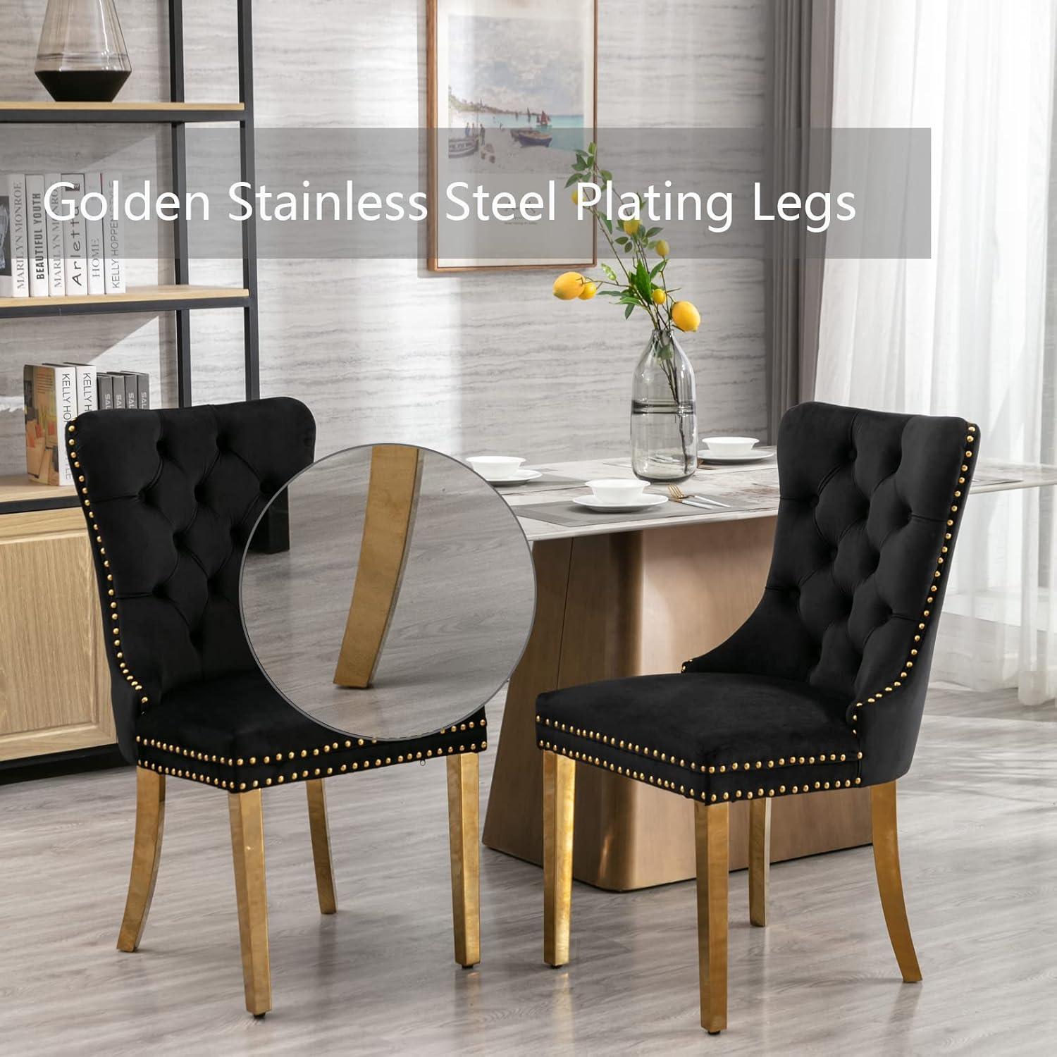 LegaHome Dining Chairs Set of 2, Modern Upholstered Velvet Dining Room Chairs with Nailhead Trim and Golden Stainless Steel Plating Solid Wood Legs, Tufted Button Padded Chairs Set for Kitchen, Black