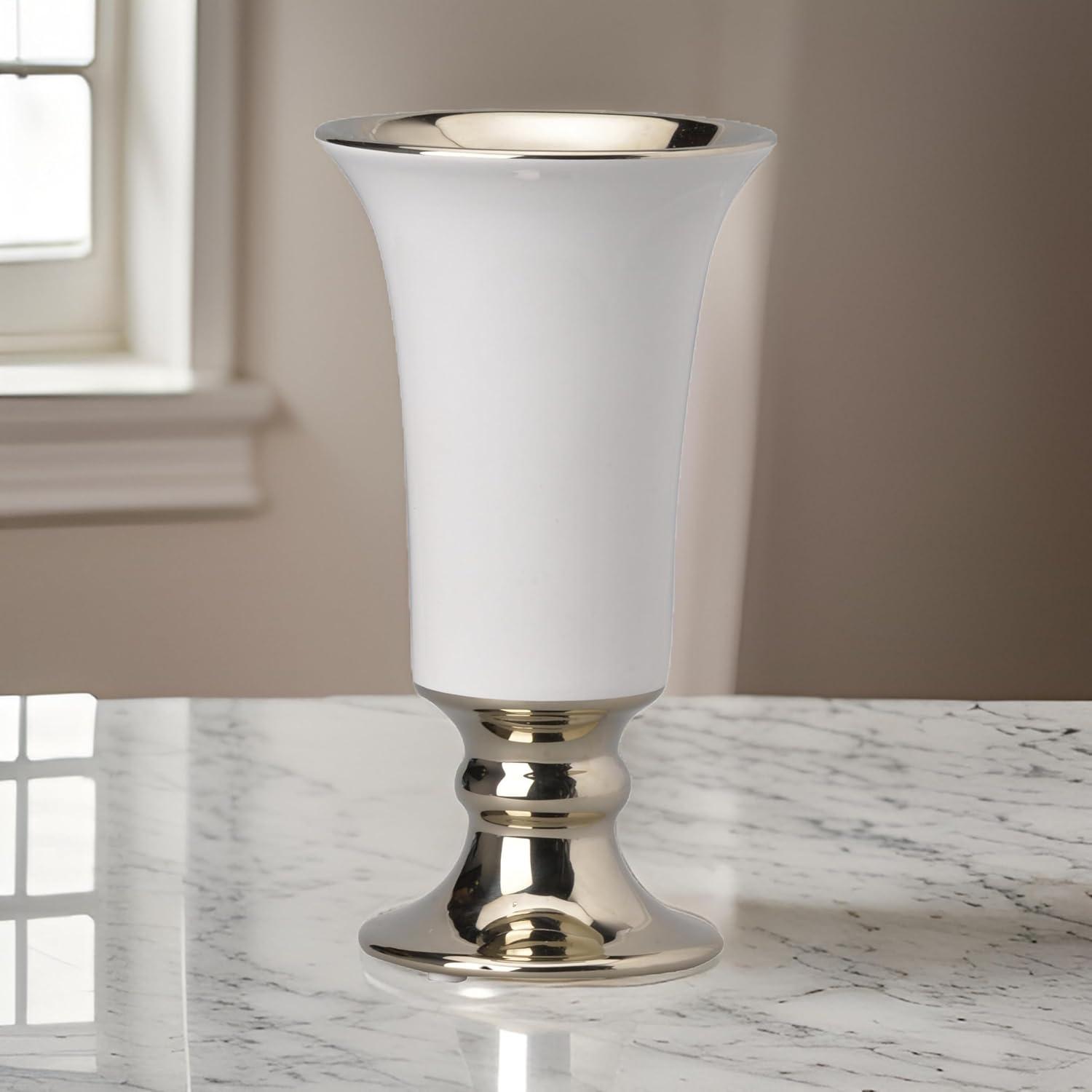 Benzara  Ceramic Vase with Flared Top & Pedestal Base, White & Gold - Medium