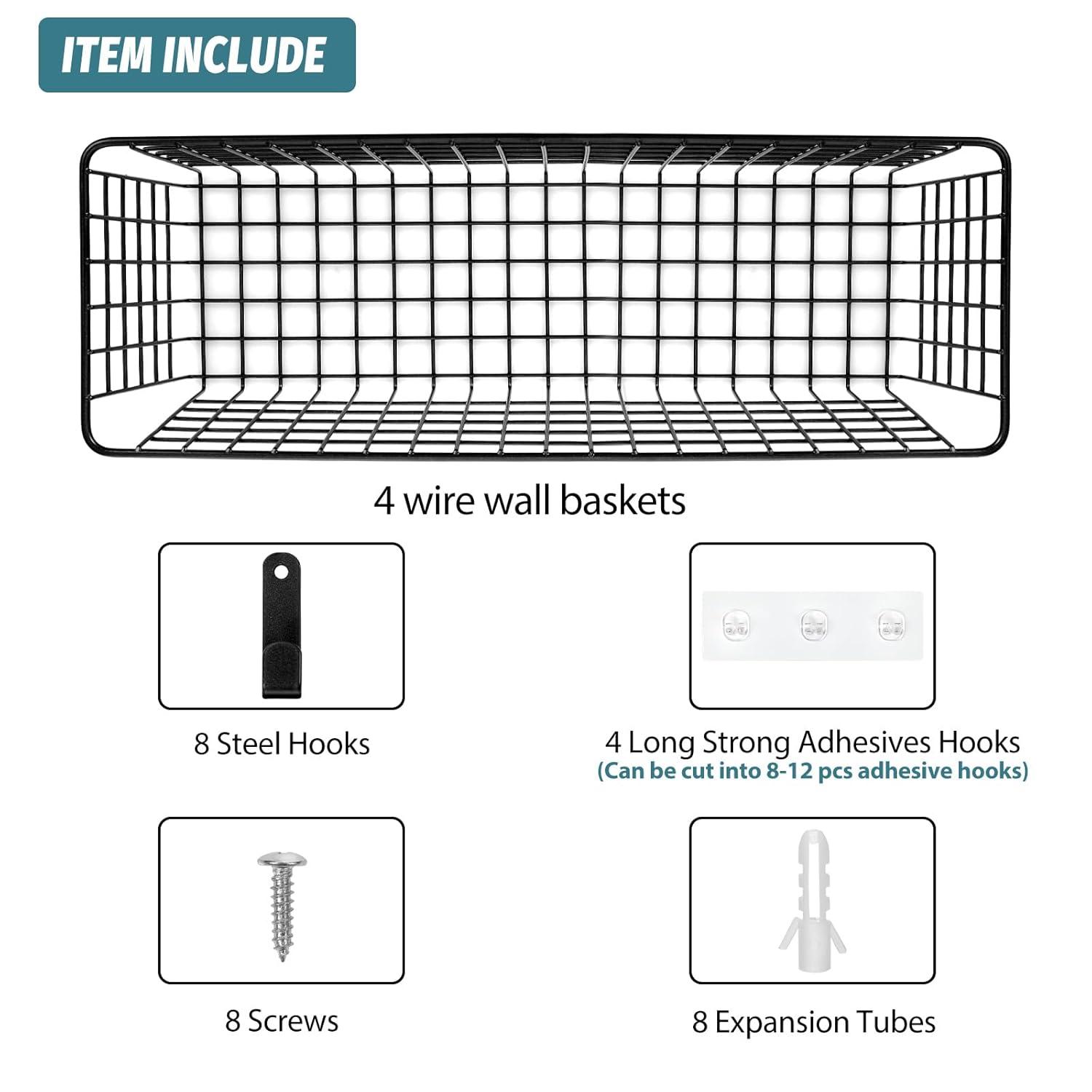 [2 Wall Mounting Options], 4 Set EXTRA LARGE Hanging Wall Mount Basket for Storage with Adhesive Hooks & Steel Hooks, Sturdy Wire Metal Baskets, Home Kitchen Bathroom Pantry Organizer, Industrial Gray