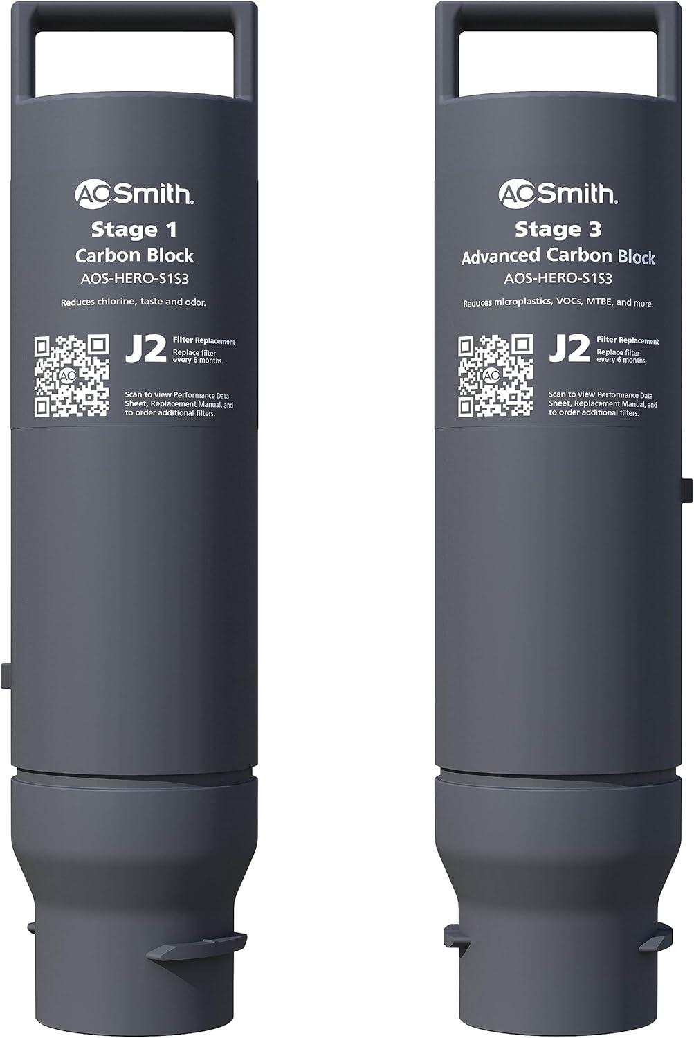 AO Smith Reverse Osmosis Water Filter Replacement Cartridges - Carbon Replacement Filters for AOS-HERO RO Filtration Systems - Reduce Chlorine & Other Contaminants from Drinking Water - AOS-HERO-S1S3