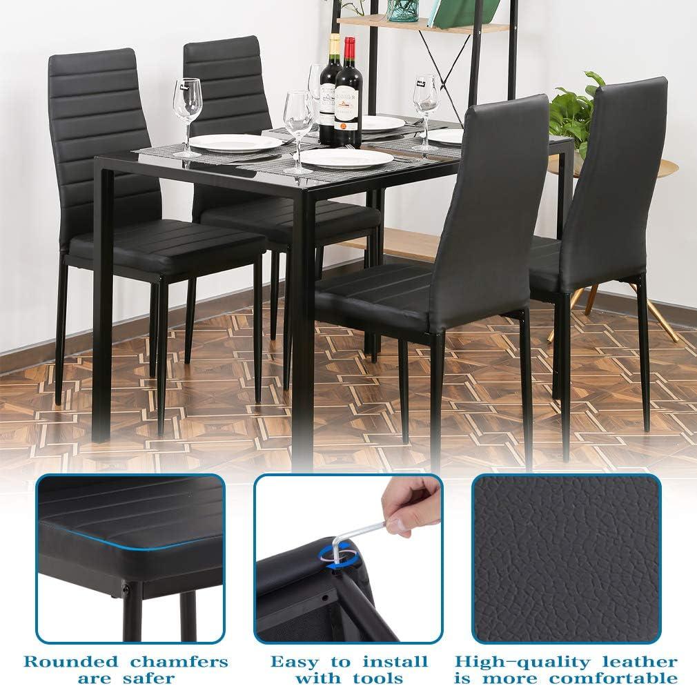 FDW 5-Piece Dining Set,with 4 Upholstered Dining Chairs, Modern Leisure, Black 4 Seater with Table Height 30 in