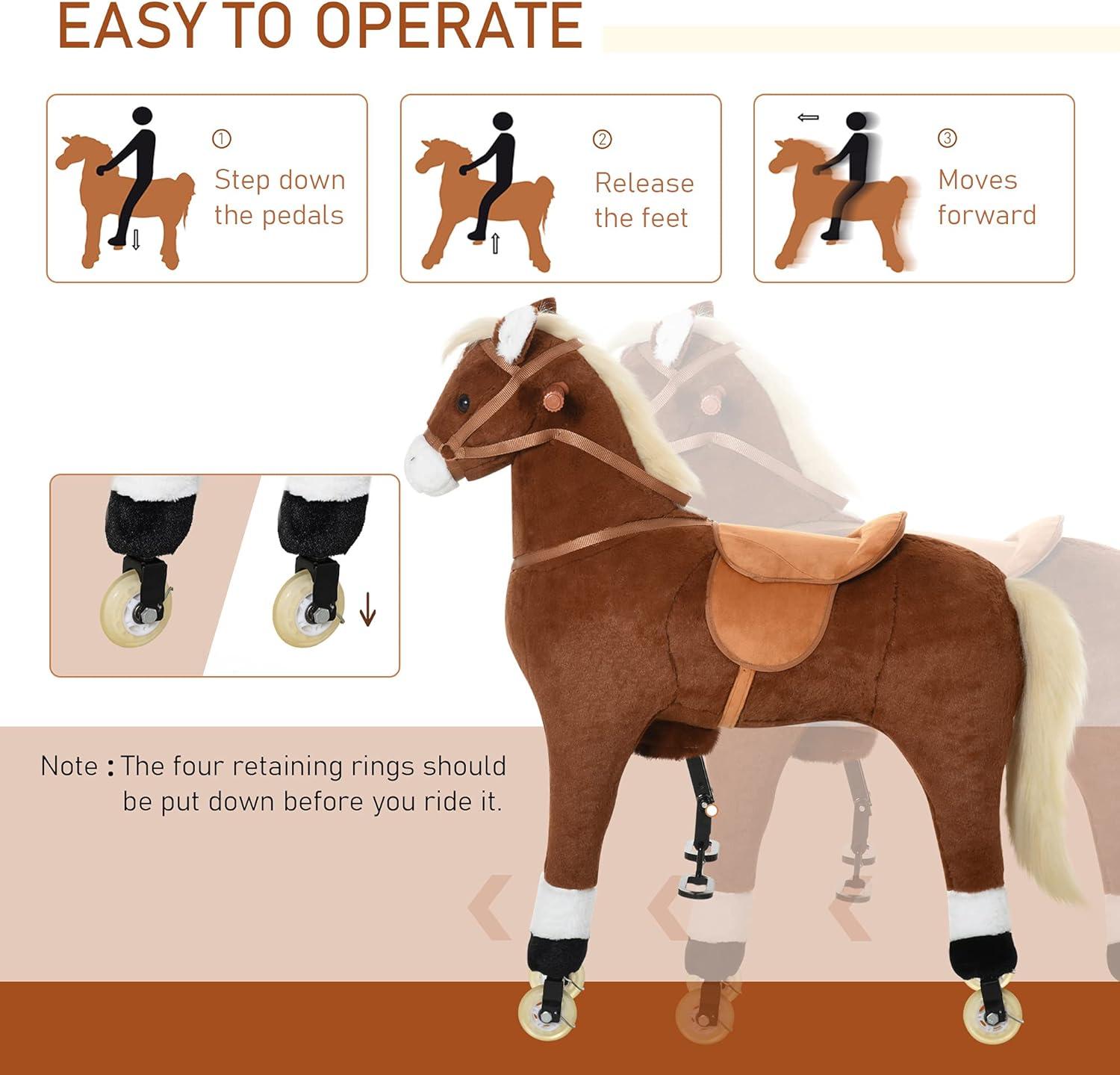 Qaba Kids Ride-on Walking Horse with Easy Rolling Wheels, Soft Huggable Body, & a Large Size for Kids 5-16 Years