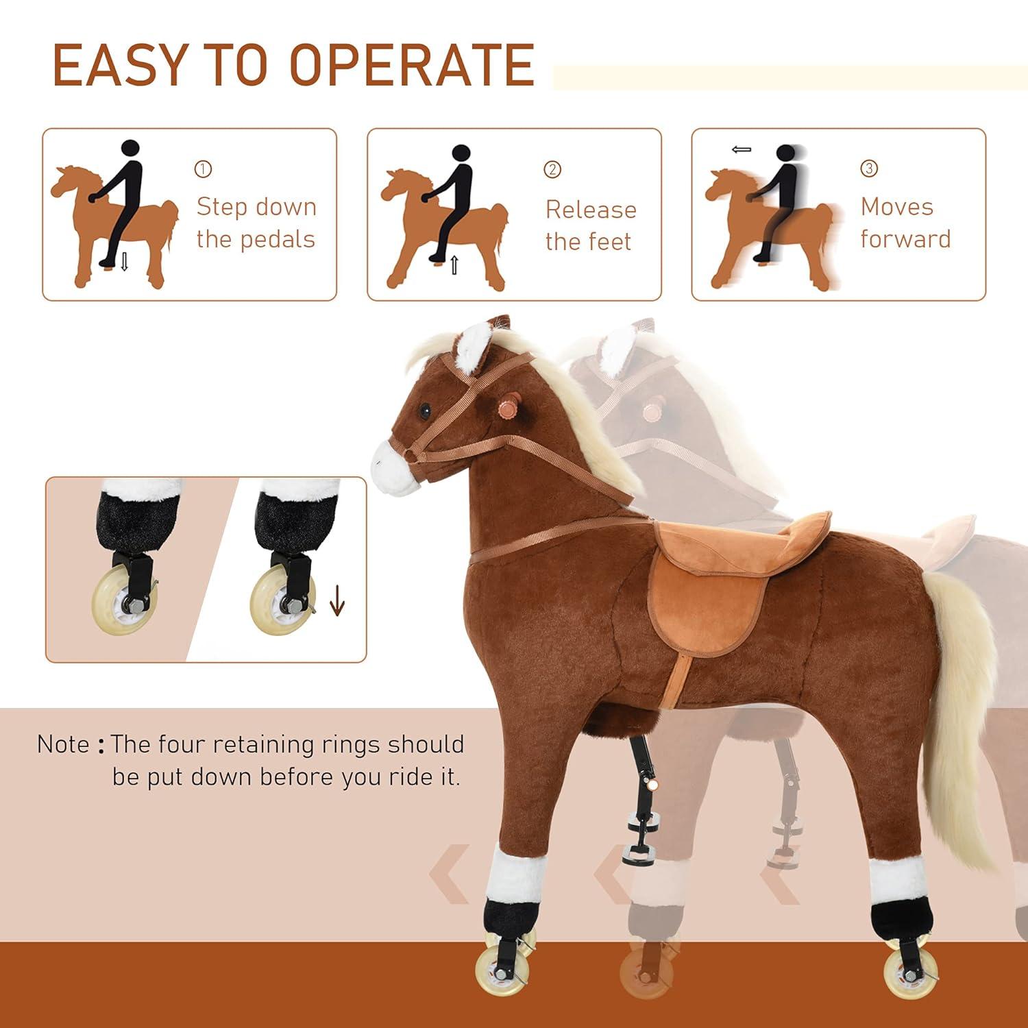 Qaba Kids Ride-on Walking Horse with Easy Rolling Wheels, Soft Huggable Body, & a Large Size for Kids 5-16 Years
