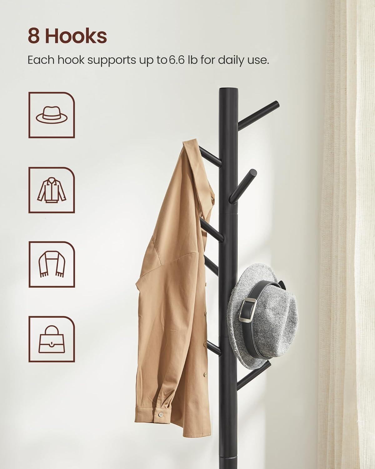 VASAGLE 8 Hooks Solid Wood Coat Rack Free Standing Coat Rack Tree-Shaped Coat Rack Black