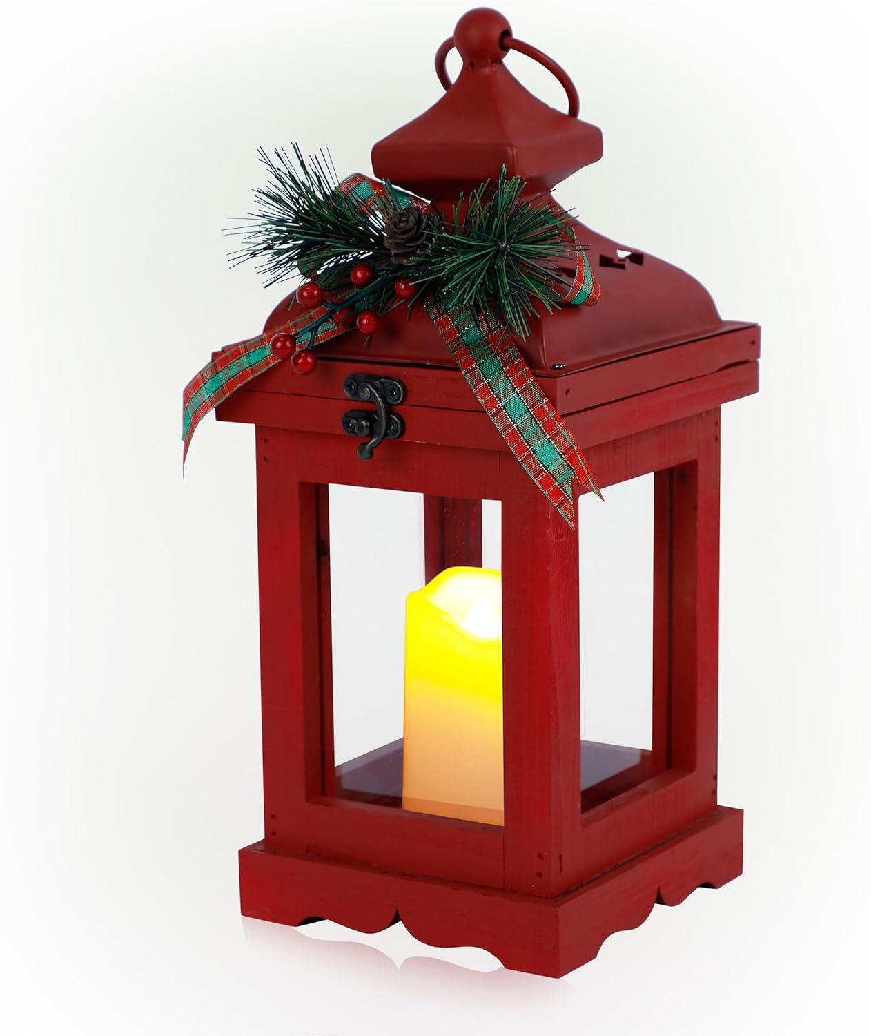 Red Metal and Glass Christmas Lantern with LED Candle