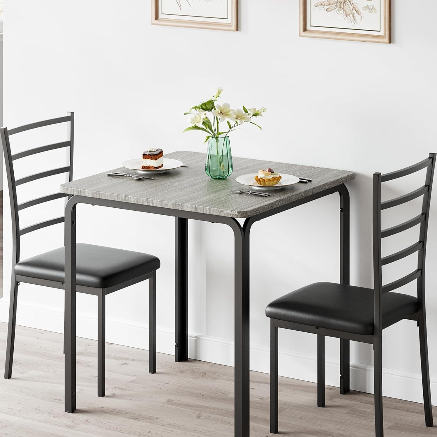 Gray MDF and Metal Small Dining Table Set with 2 Chairs