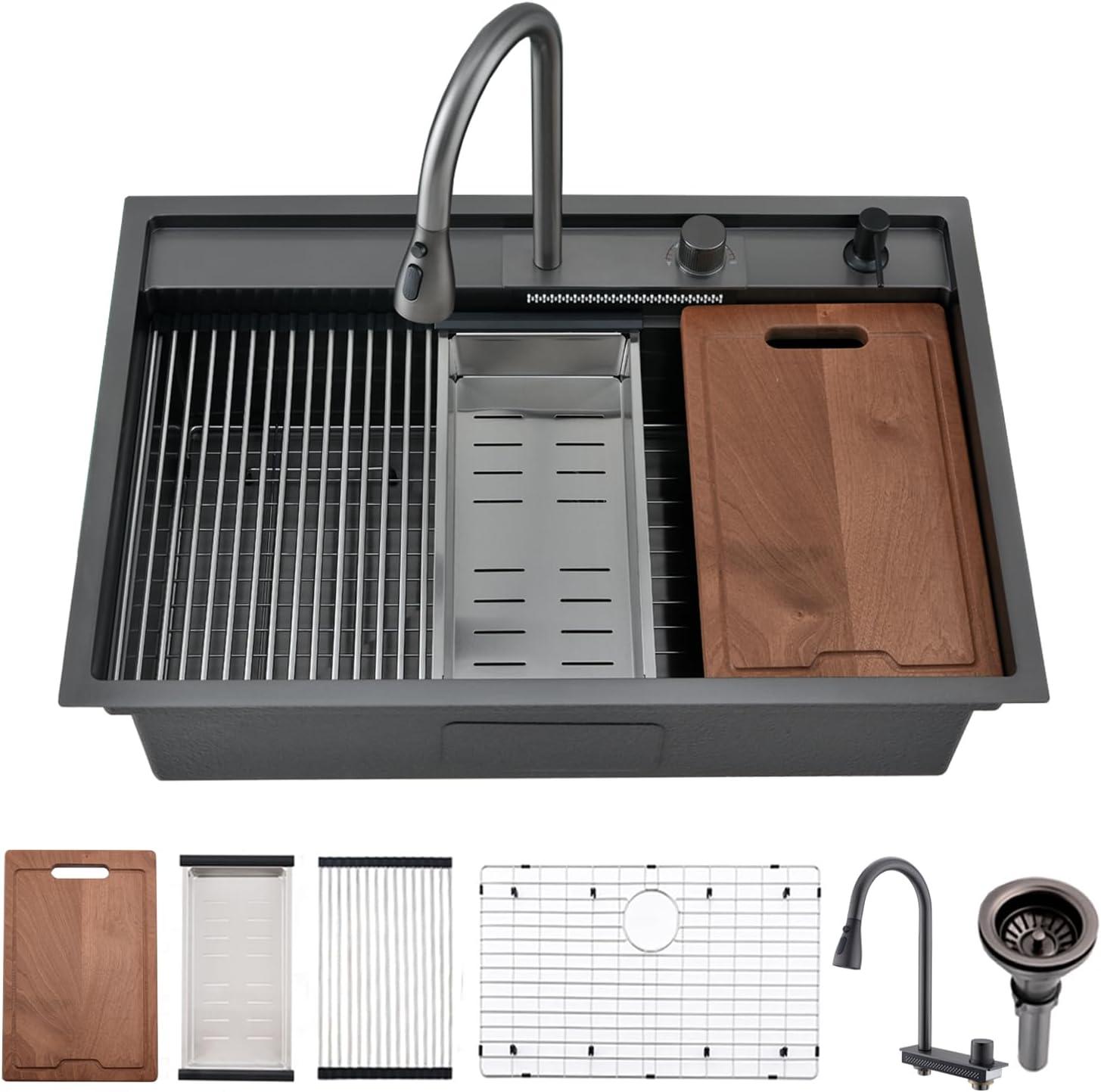 33 Inch Black Waterfall Drop In Kitchen Sink Workstation - VOKIM 33x22-Inch Drop In Sink Splash Guard Stainless Steel 16 Gauge 10'' Single Bowl sink Top Loading Flying Rain pull faucet