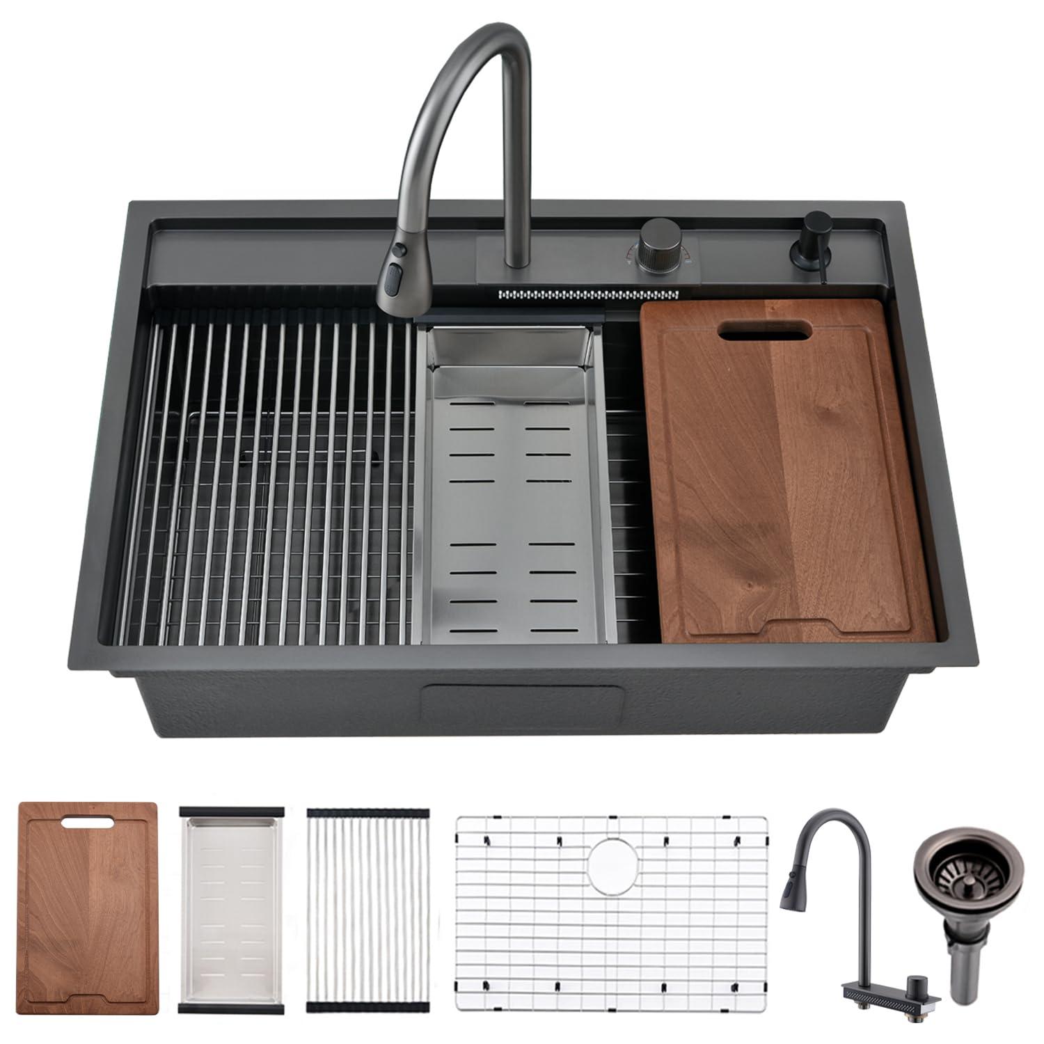 33 Inch Black Waterfall Drop In Kitchen Sink Workstation - VOKIM 33x22-Inch Drop In Sink Splash Guard Stainless Steel 16 Gauge 10'' Single Bowl sink Top Loading Flying Rain pull faucet