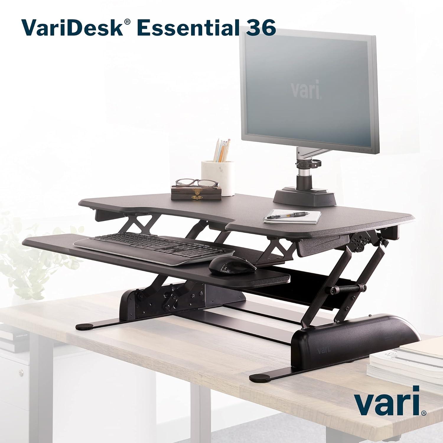 Vari 36" VariDesk Essential Two-Tier Height Adjustable Standing Desk Converter & Monitor Riser, Black