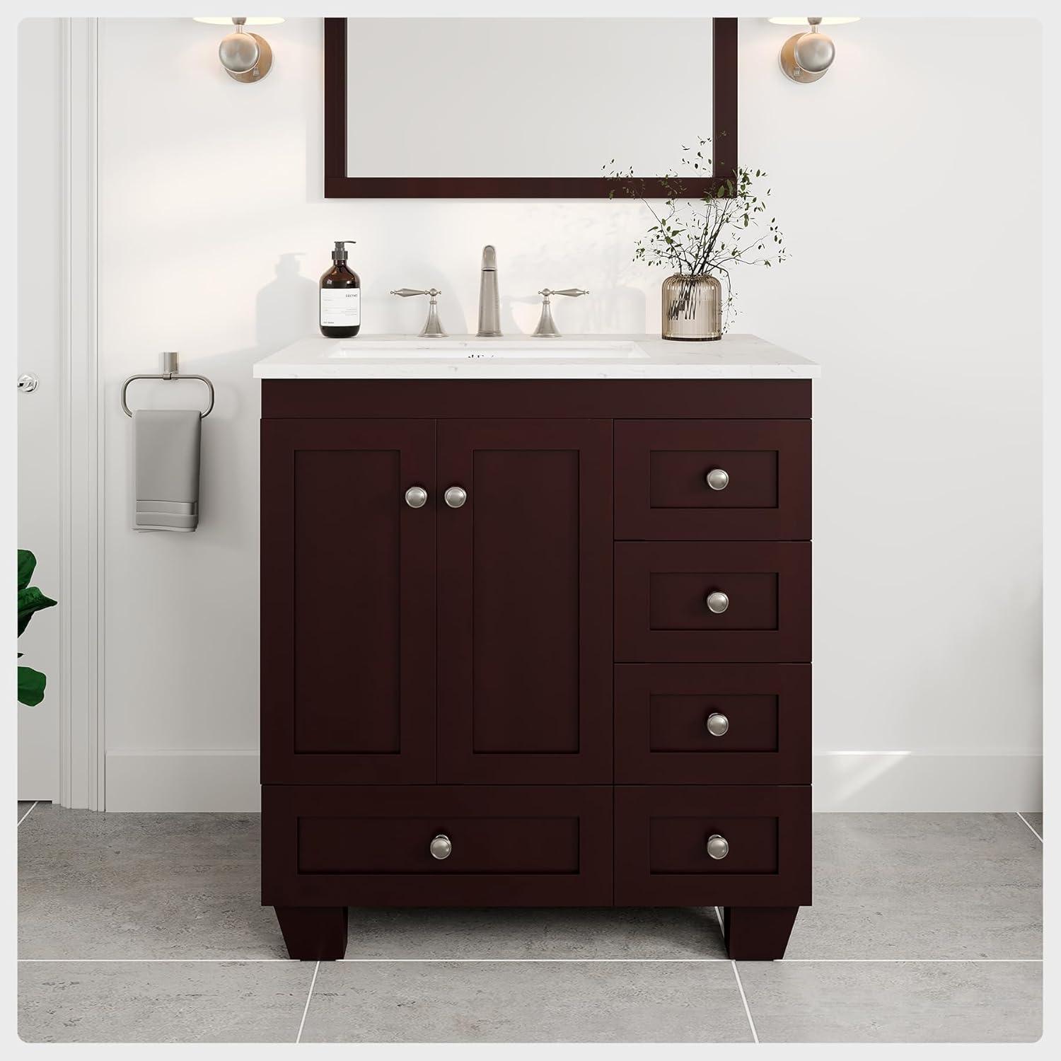 Eviva Acclaim 30"W x 22"D Teak Bathroom Vanity with White Carrara Quartz Vanity Top and Rectangular Undermount Sink