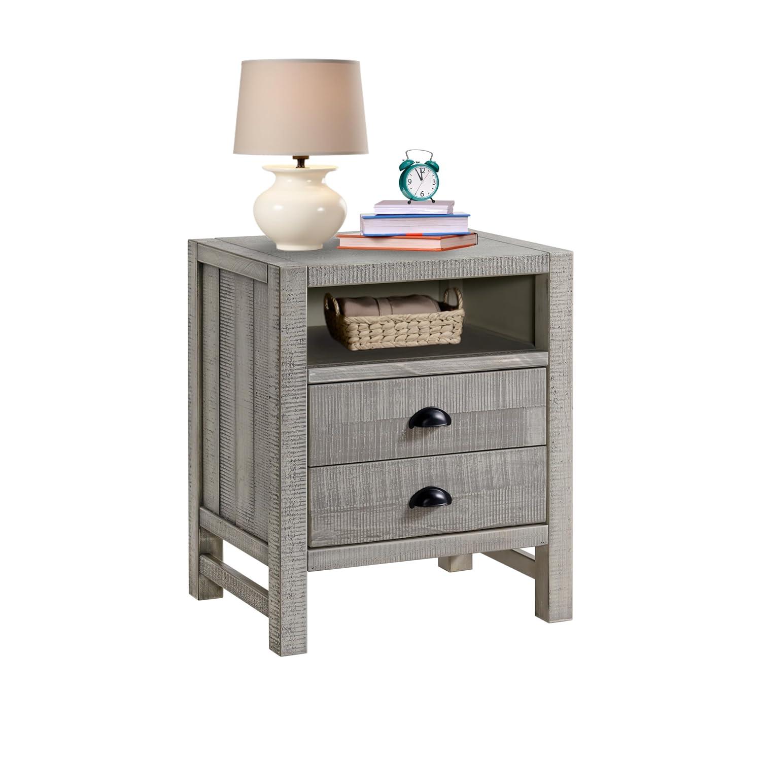 Windsor 2-Drawer Wood Nightstand for Kids Bedroom - Rustic Painted Finish, Metal Glides, Open Shelf Storage, Pine Wood Construction, 22 in. W x 17 in. D x 25 in. H, Distressed Look