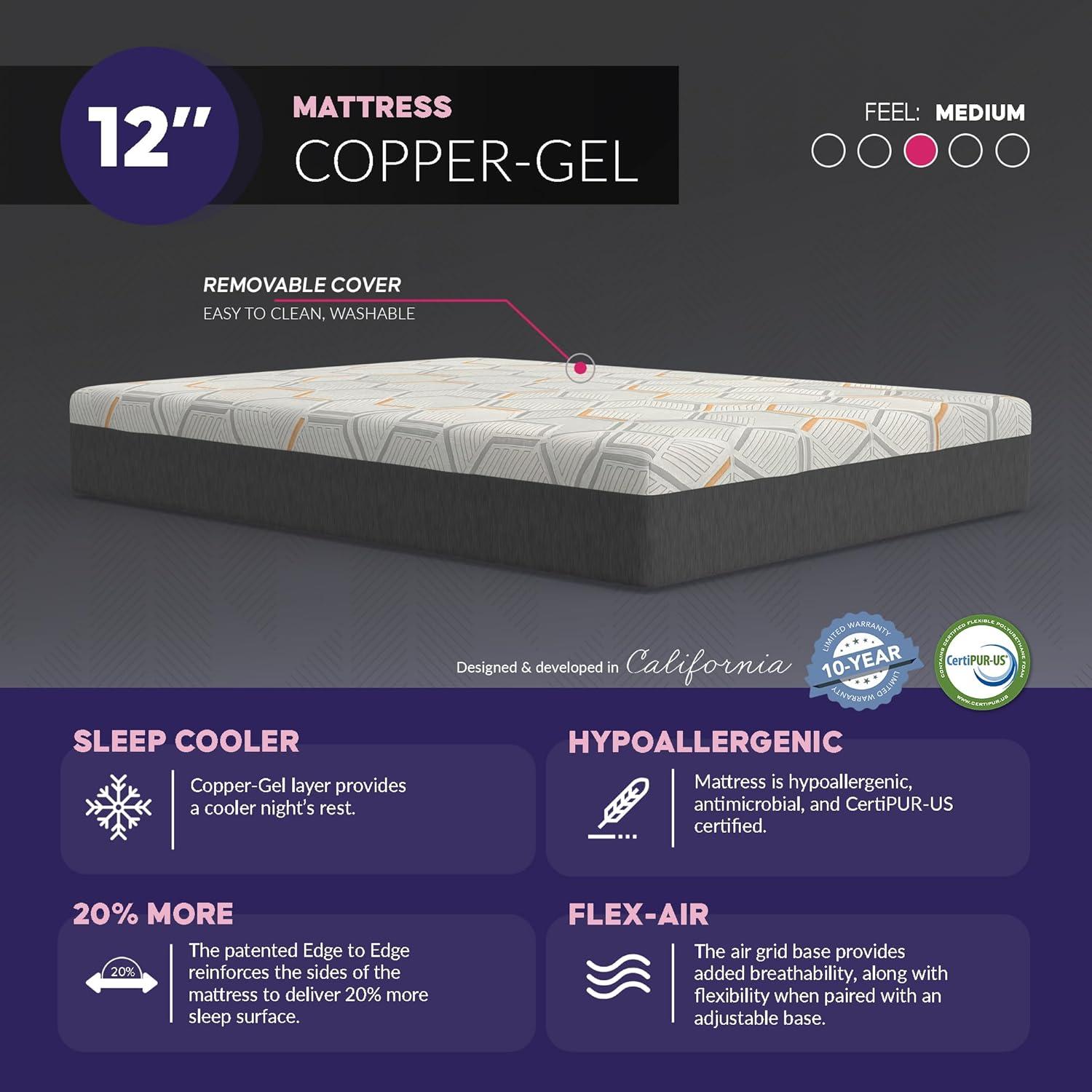 Blissful Nights e4 Queen Adjustable Bed Base Frame with 12" Medium Firm Copper and Gel Infused Memory Foam Mattress