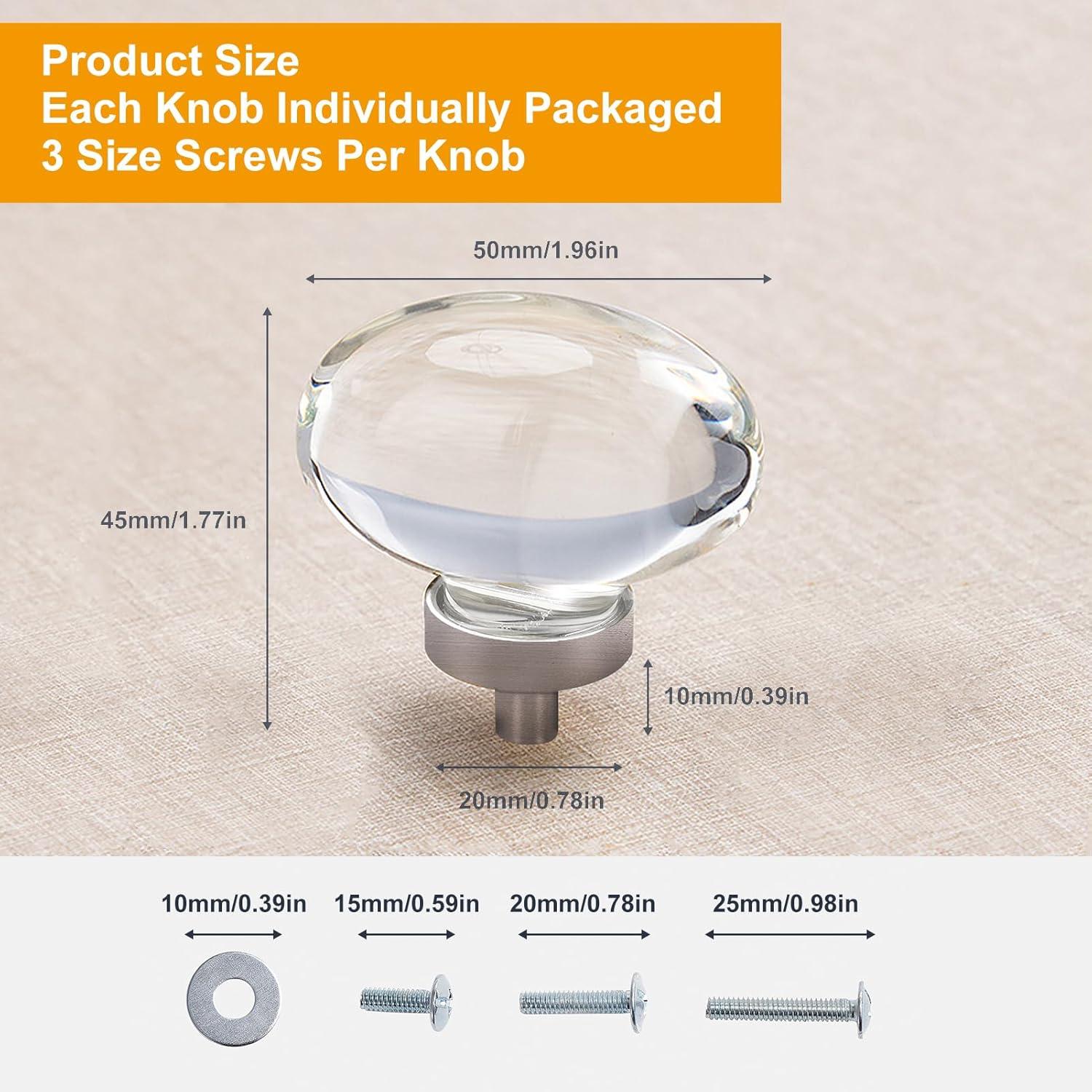 16 Pack Glass Cabinet Knobs and Pulls, Oval Crystal Knobs for Dresser Drawers, Brushed Nickel Kitchen Cabinet Knobs Egg Shape