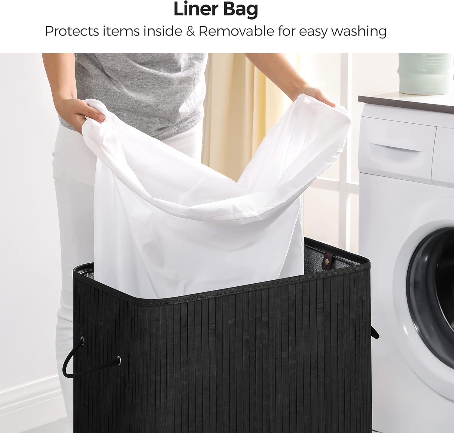 SONGMICS Laundry Hamper with Lid Bamboo Laundry Basket with Liner Bag