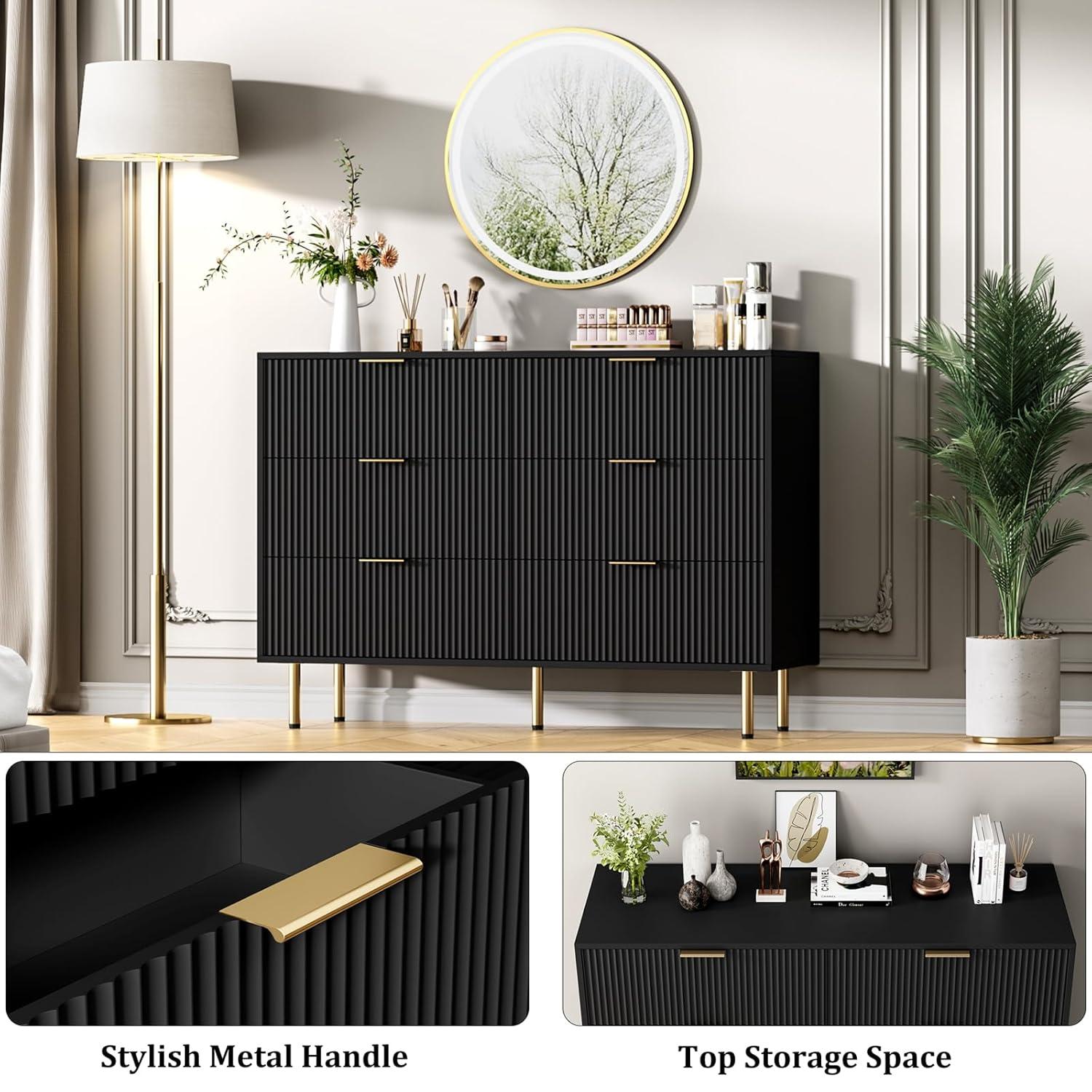 Garvee Fluted Wood Dresser 6 Drawers Dresser for Bedroom, Large Modern Chest of Drawers, Black Dresser with Gold Handle,for Living Room, Hallway