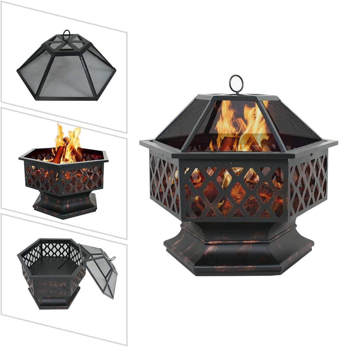 ZENY 24" Hexagon Wood Bronze Finish Steel Fire Pit