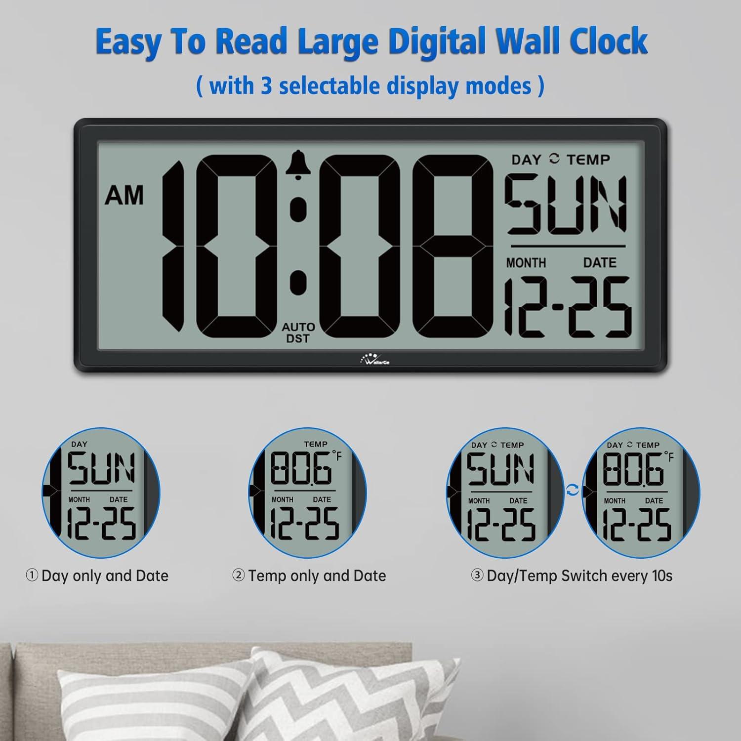 14.5'' Black Large Digital Wall Clock with Jumbo LCD Display