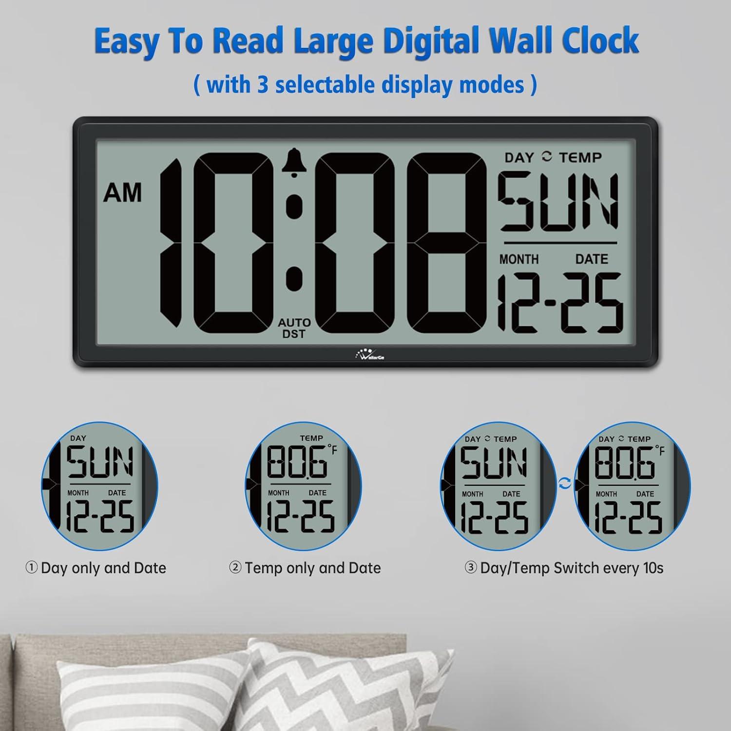 14.5" Large Digital Wall Clock Battery Operated with Jumbo Numbers Digits LCD Screen Display,Temperature,Day and Date,Alarm,Easy to Read and Set, Auto DST for Bedroom,Office,Living Room（Black）