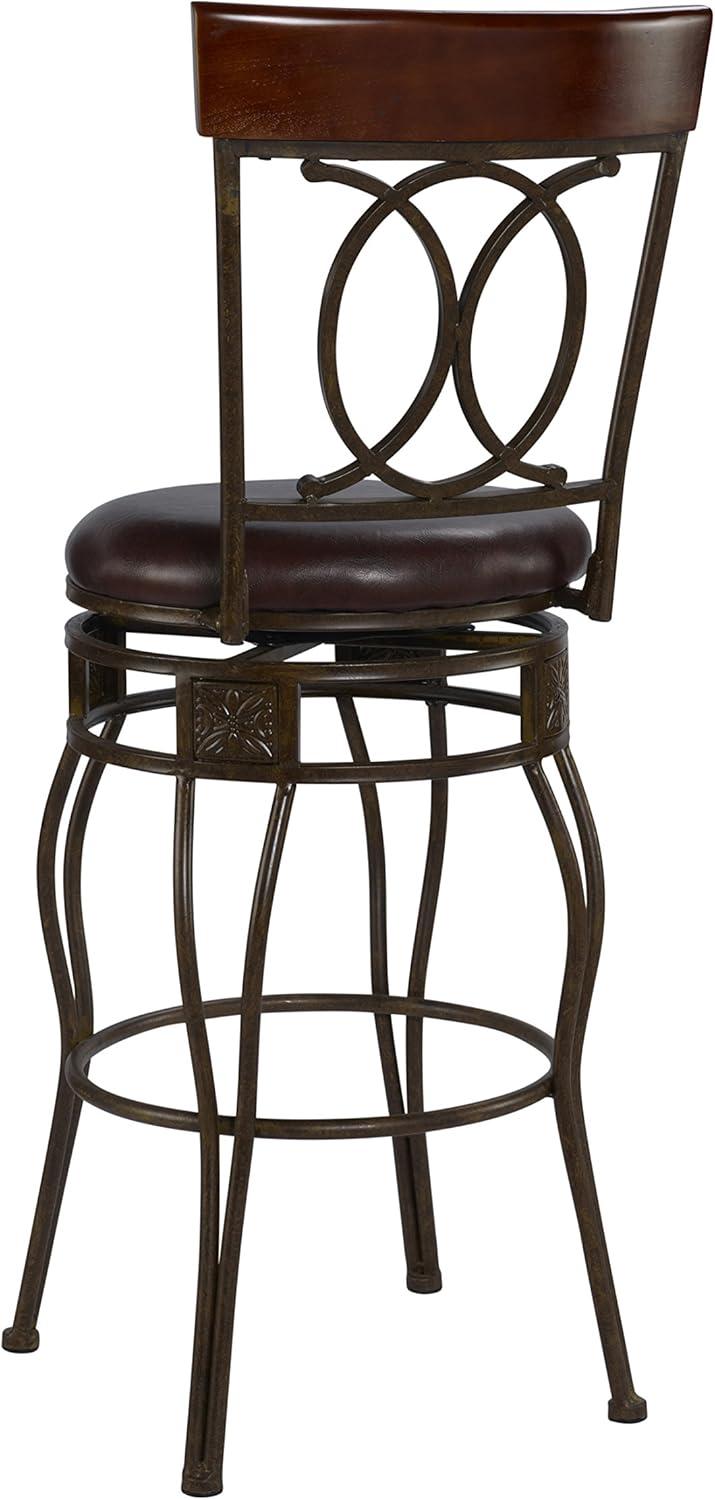 Linon O & X Back 30" Metal Swivel Faux Leather Bar Stool in Matte Bronze Finish