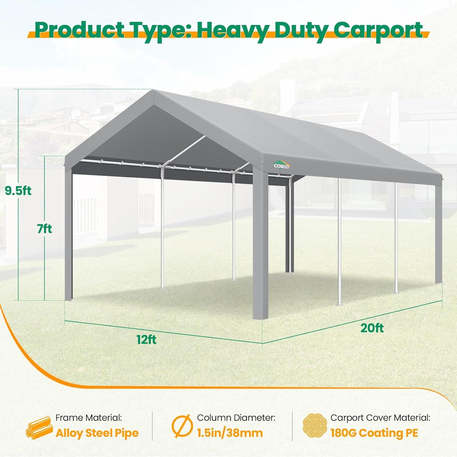 Cobizi Carport 10'x20' Heavy Duty Portable Garage, Upgraded Car Canopy