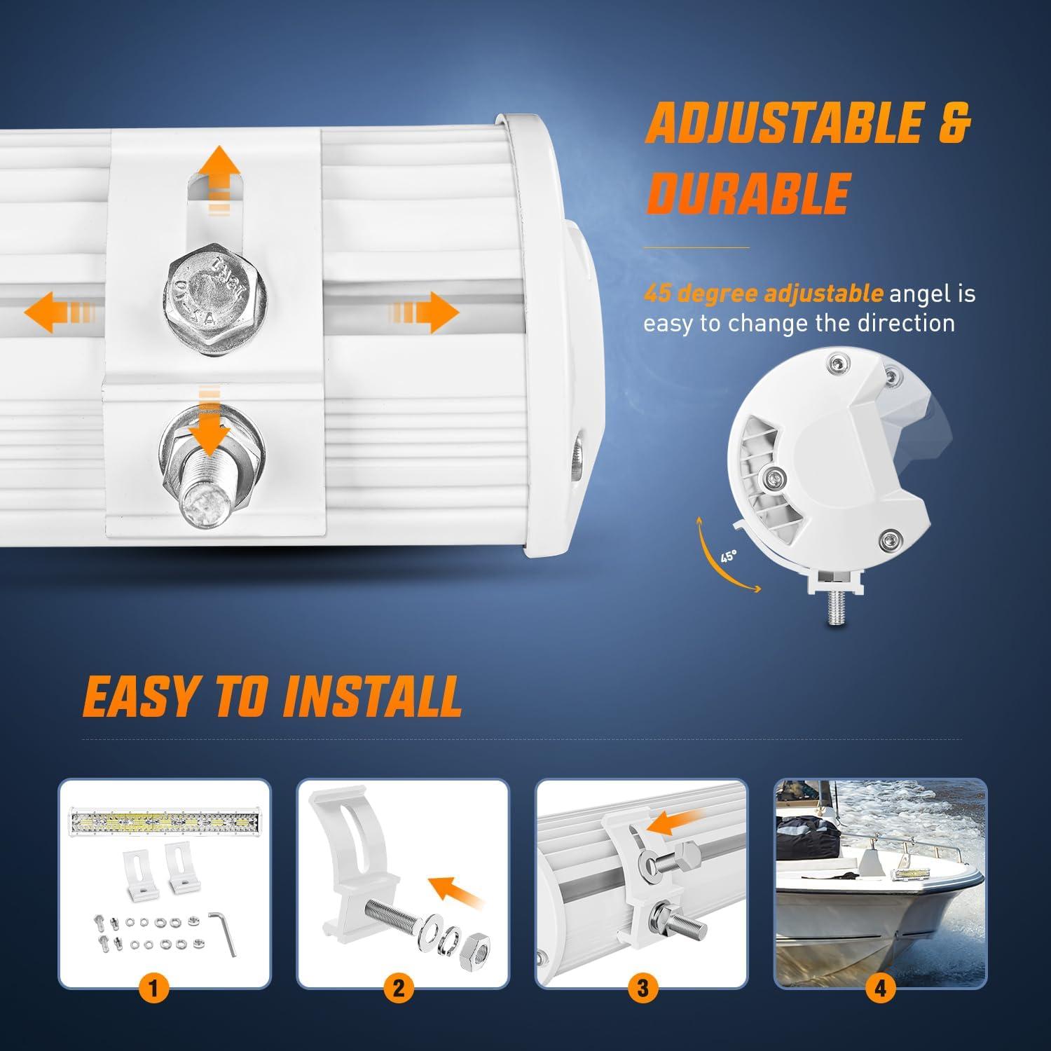 Nilight Marine LED Light Bar Navigation Lights 20Inch White Spot Flood Combo Ponton Boat Deck Dock Lights for Night Fishing T-top Stern Yacht Port Sailboat Trucks Tractors, 2 Years Warranty