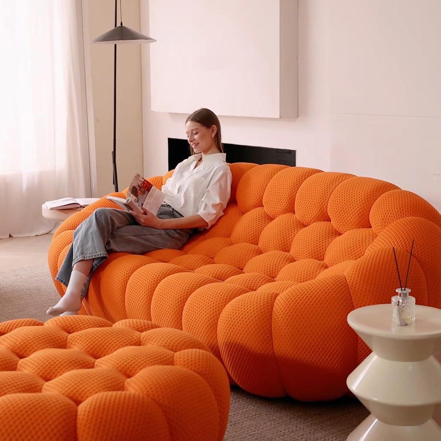 Bubble Couch, 98.43'' Modern 3-Seater Lazy Floor Couch, Memory Foam Bubble Round Sofa 3D Honeycomb Shape Curved Sofas for Living Room, Office, Apartment (Orange)