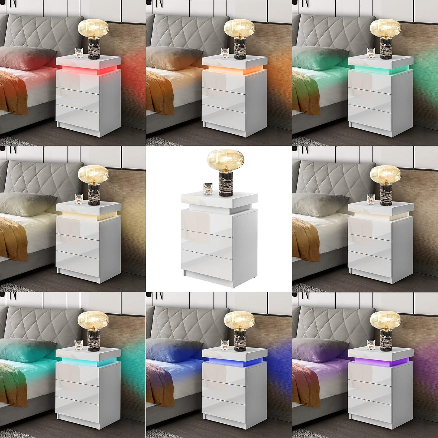 White High Gloss 3-Drawer Nightstand with LED Lights