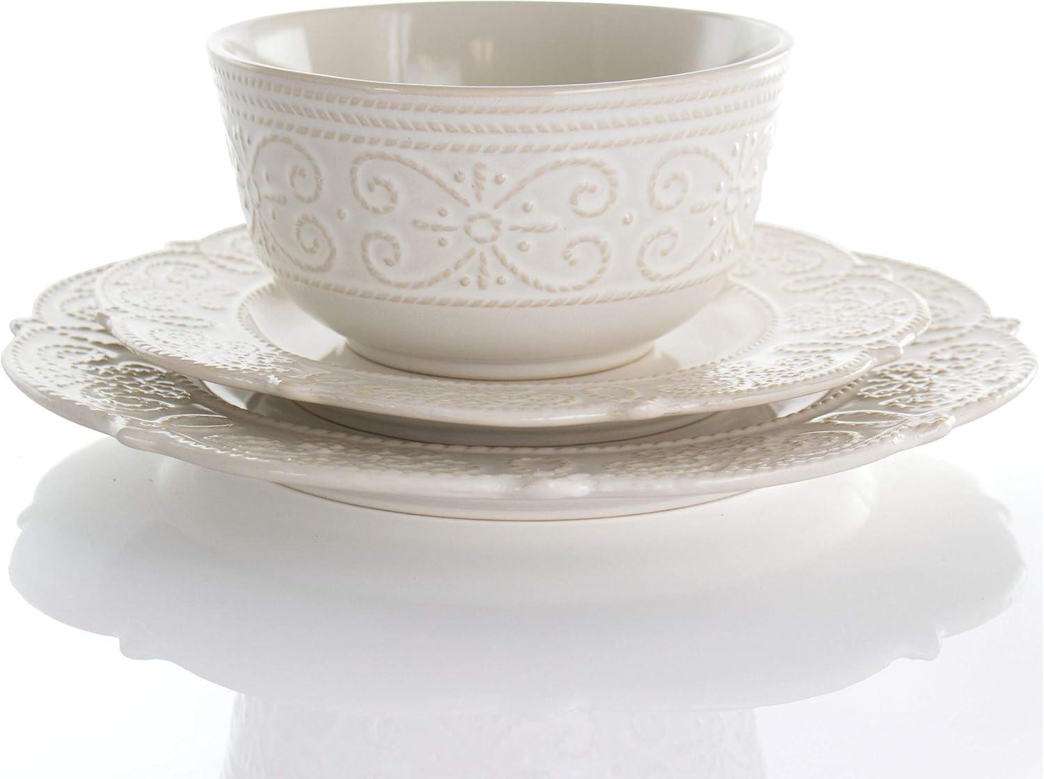 White Embossed Scalloped Ceramic 16-Piece Dinnerware Set