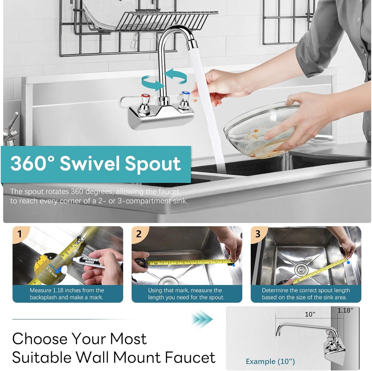 KWODE 4 Inch Center Commercial Hand Sink Faucet with 3-1/2”Gooseneck Spout, Dual Lever Handle Wall Mount Kitchen Sink Faucet, Brass Constructed, Chrome