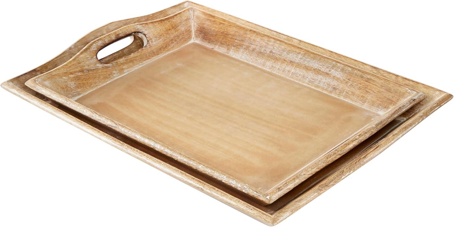 Set of 2 Brown Whitewashed Mango Wood Serving Trays