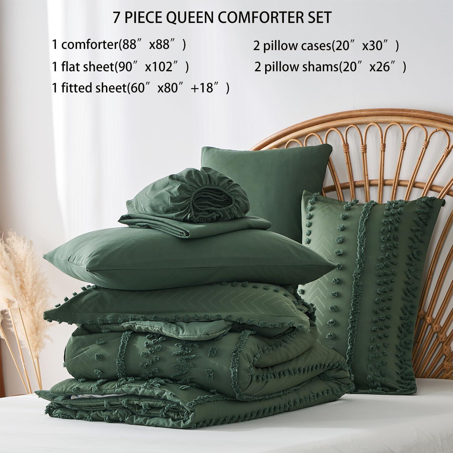 EVERGRACE King Size Comforter Set 7 Pieces Bed in a Bag for College Dorm, White Tufted Shabby Chic Boho Comforter and Sheet Set with Pom Pom Textured, Soft Fluffy Farmhouse Complete Bedding Set