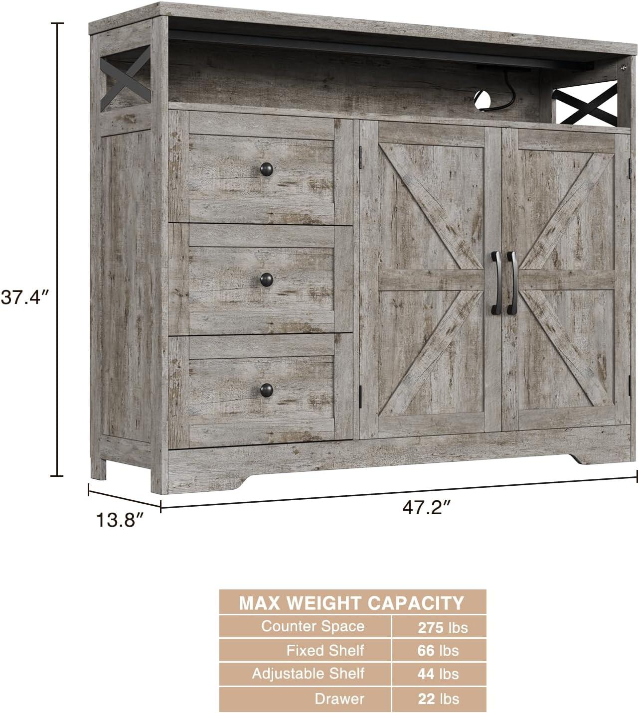 47" Distressed Grey Farmhouse Storage Cabinet with Doors & Drawers, Sideboard Buffet Cabinet with Storage, Kitchen Pantry Hutch, Coffee Bar Station Table for Kitchen, Living Room, Dining Room