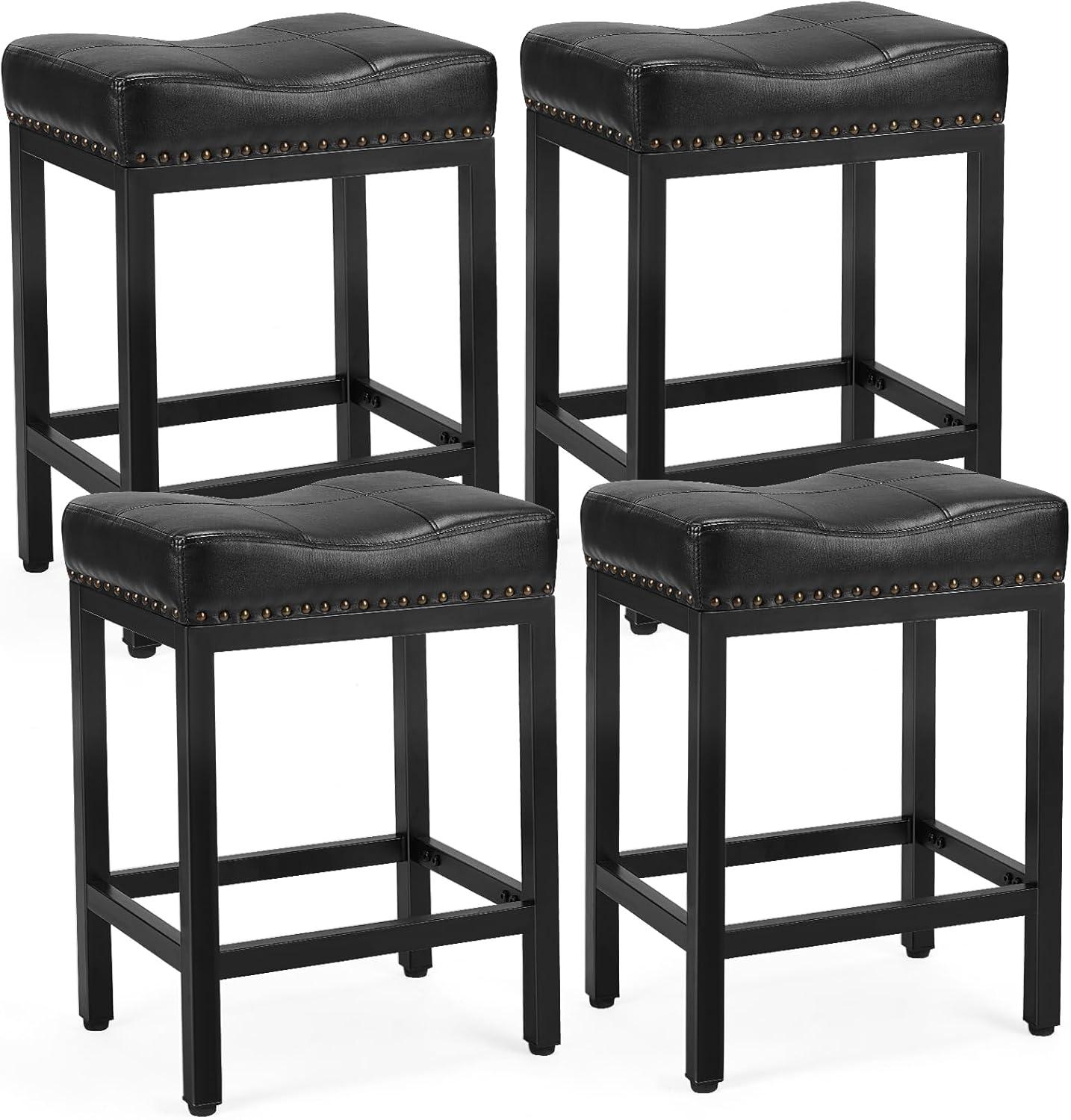 edx Bar Stools Set of 4, Modern Counter Height, 24 Inch Kitchen Barstools with Metal Base, PU Leather Saddle Seats for Kitchen Island, Black