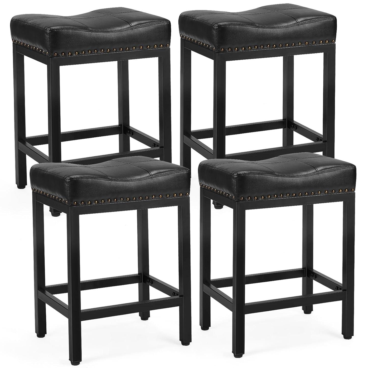 edx Bar Stools Set of 4, Modern Counter Height, 24 Inch Kitchen Barstools with Metal Base, PU Leather Saddle Seats for Kitchen Island, Black